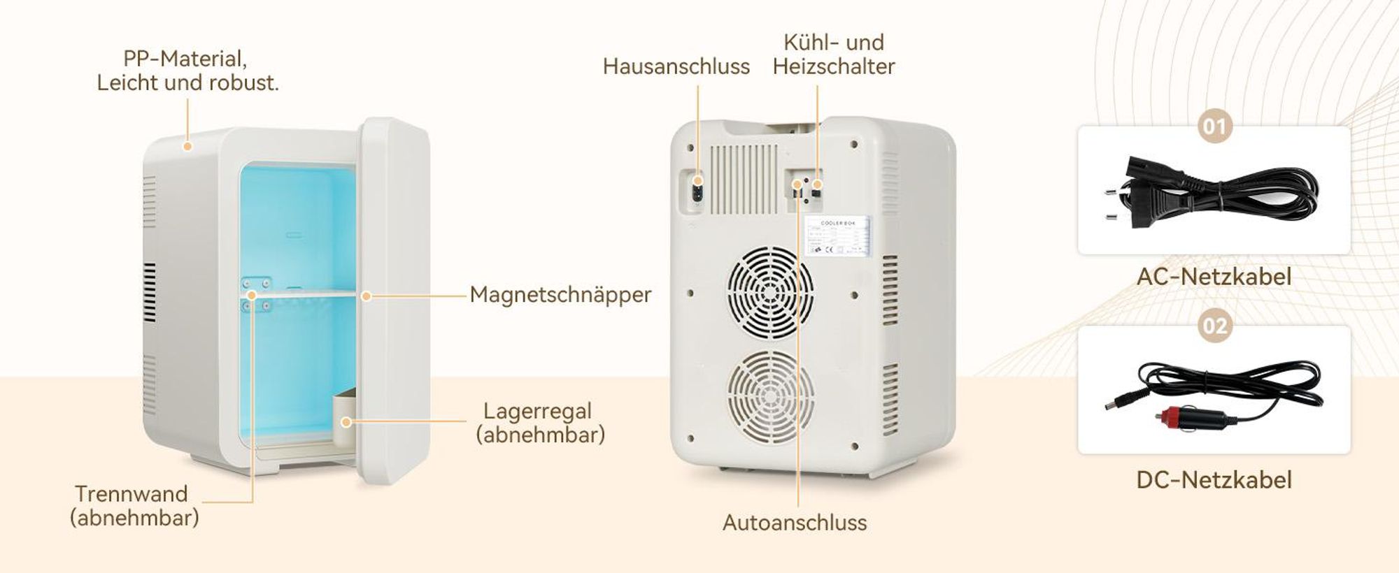 Puluomis Mini Kühlschrank 10L, 2 in 1 Warm- und Kühlbox tragbar Ultra-Leiser Auto Kühlbox (<30dB) 12V/220V /230V AC/DC für Getränkedosen, Snacks Beige