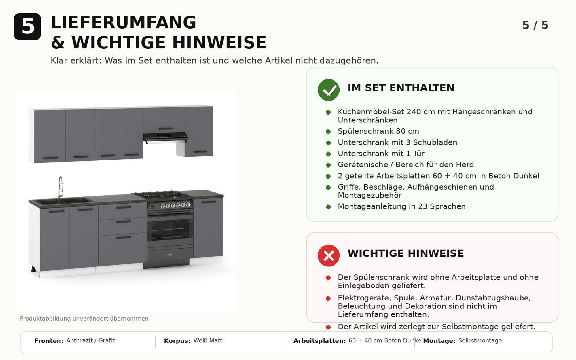 Lieferumfang der Küchenzeile 240 cm mit wichtigen Hinweisen zu Schränken, Arbeitsplatten