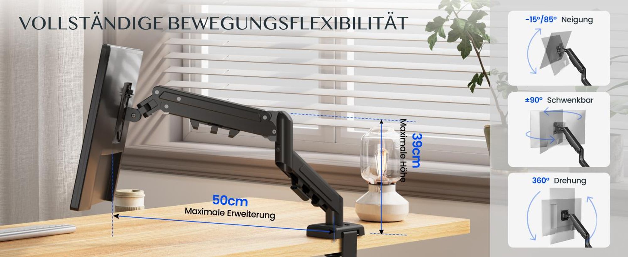 FLEXISPOT MA1 Monitorhalterung 17–32 Zoll, Gasdruckfeder Monitorarm für 1 Monitor, höhenverstellbar & schwenkbar, VESA 75x75/100x100