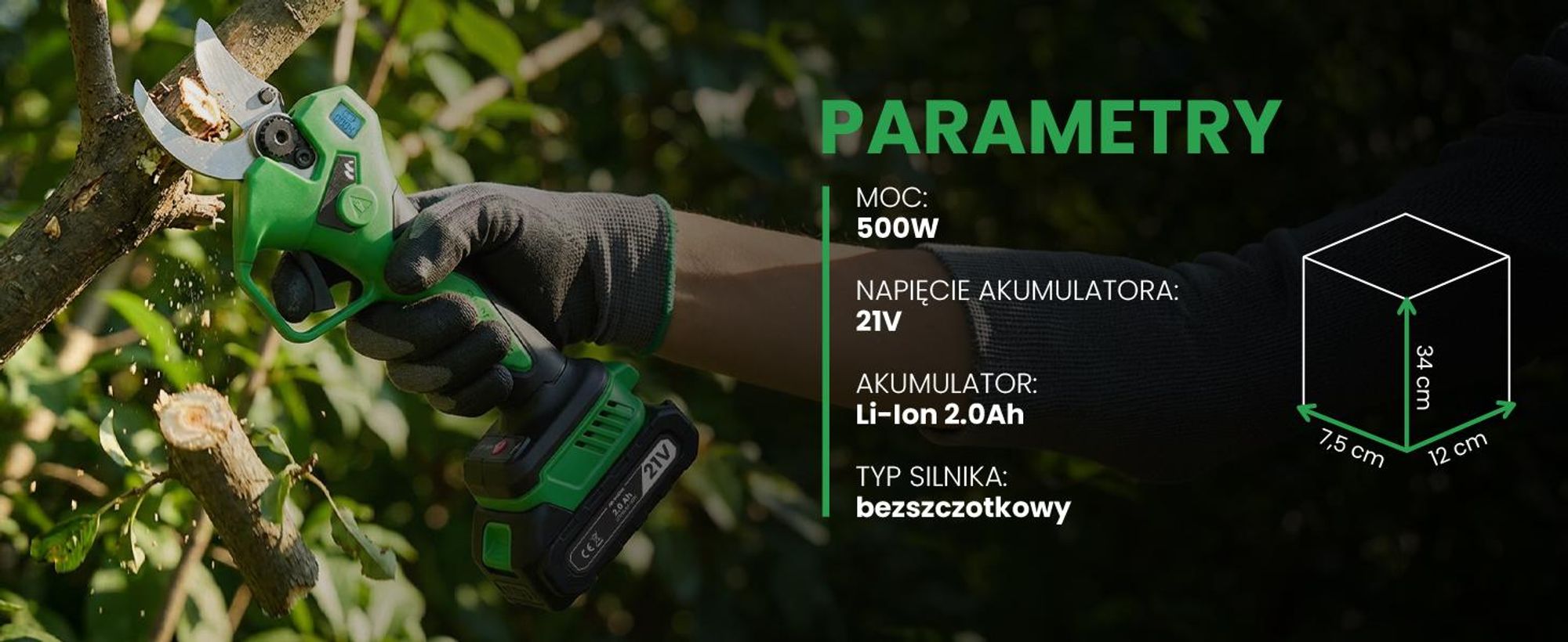 Elektryczny sekator ogrodowy z dwoma akumulatorami 2mAh i napięciu 21V