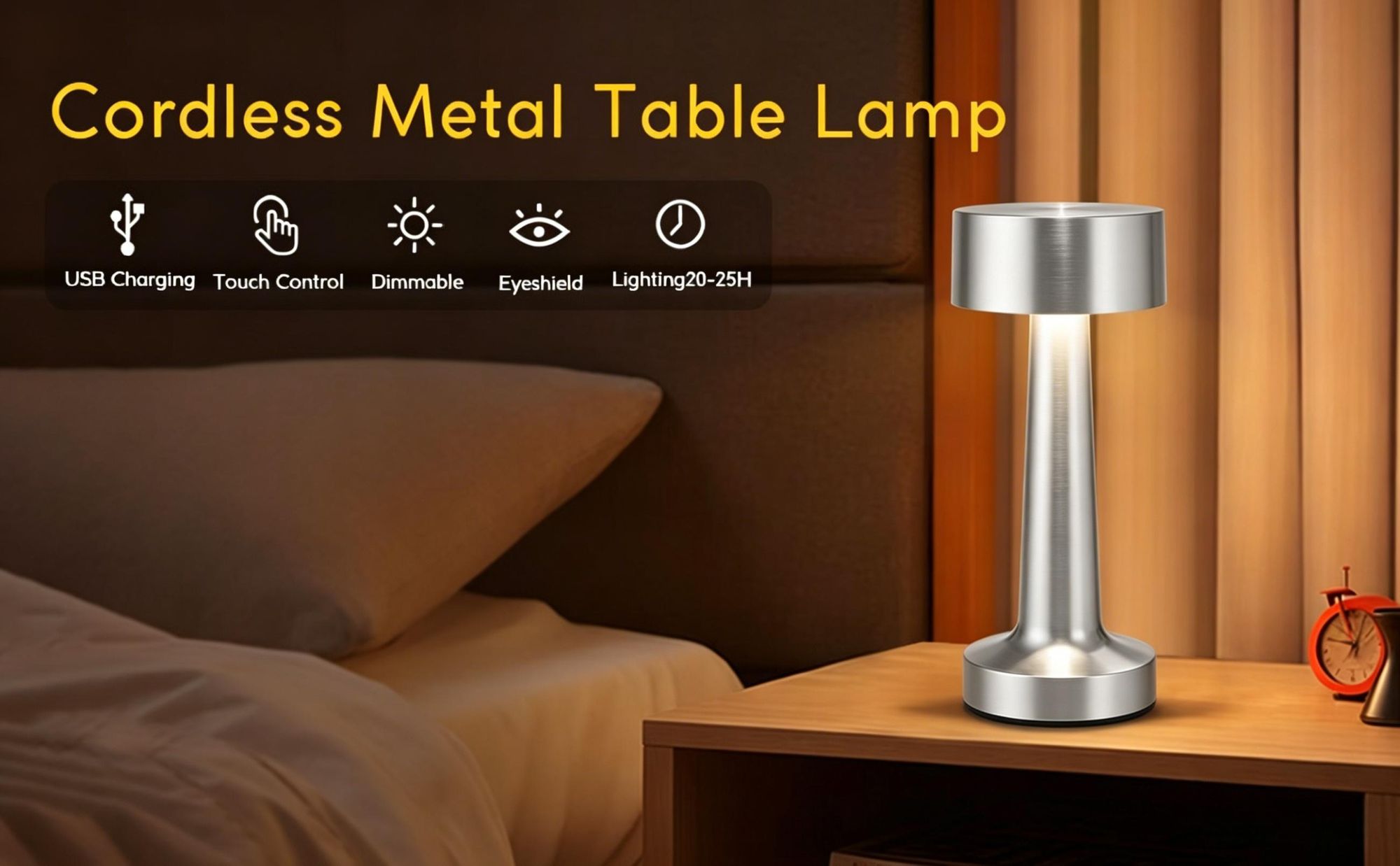 LED-Tischleuchte, Kabellos Dimmbar Tischleuchte, 3 Helligkeitsstufen,Touch Steuerung Nachttischlampen, USB Wiederaufladbare,Warmweiß Nachtlicht,silber