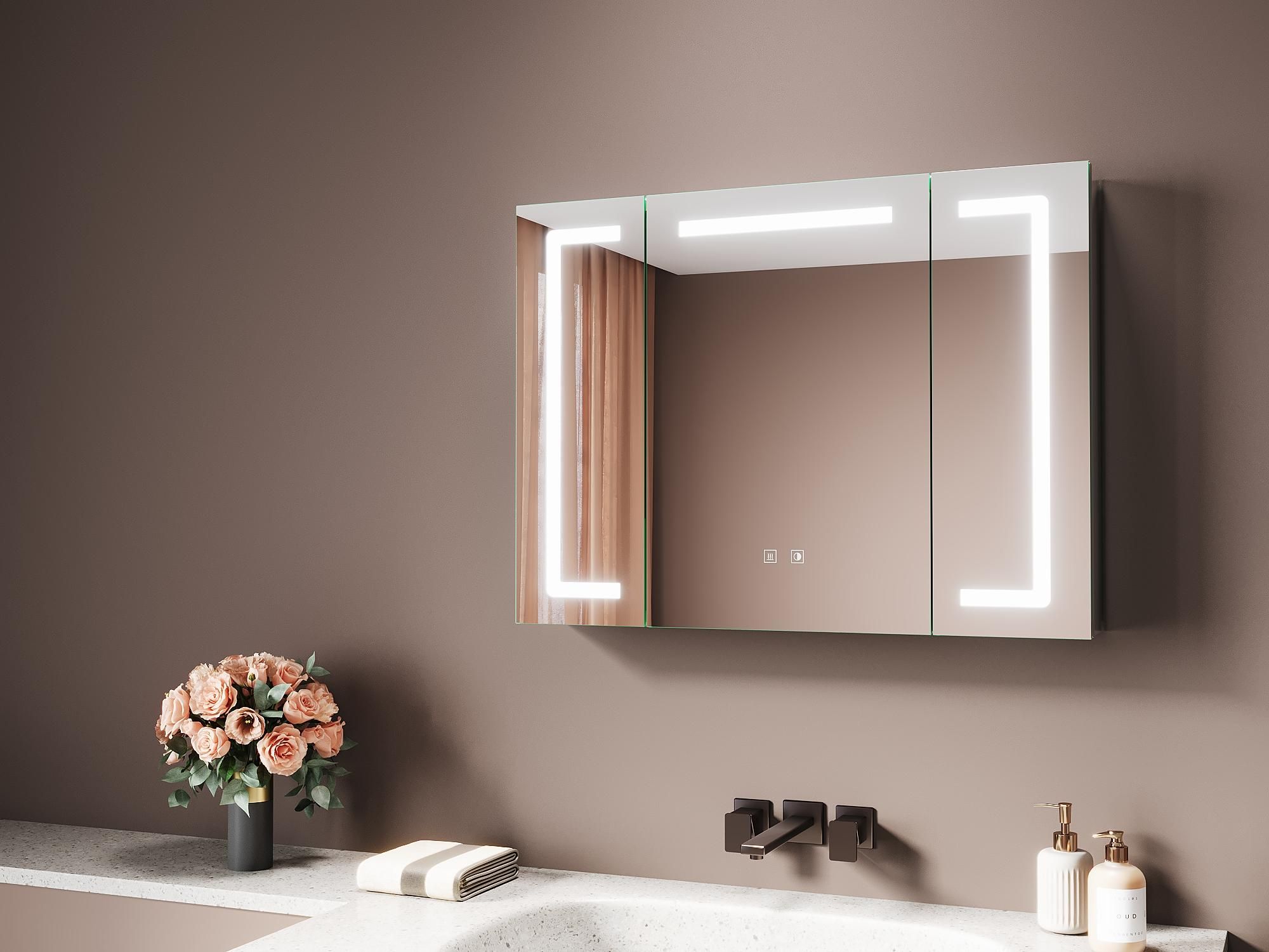 Sonni Dreitüriger Aluminium-Spiegelschrank 80 x 60 x 12,5 cm Hell silber Power-Off-Memory-Funktion Anti-Beschlag Drei Farbtemperaturen