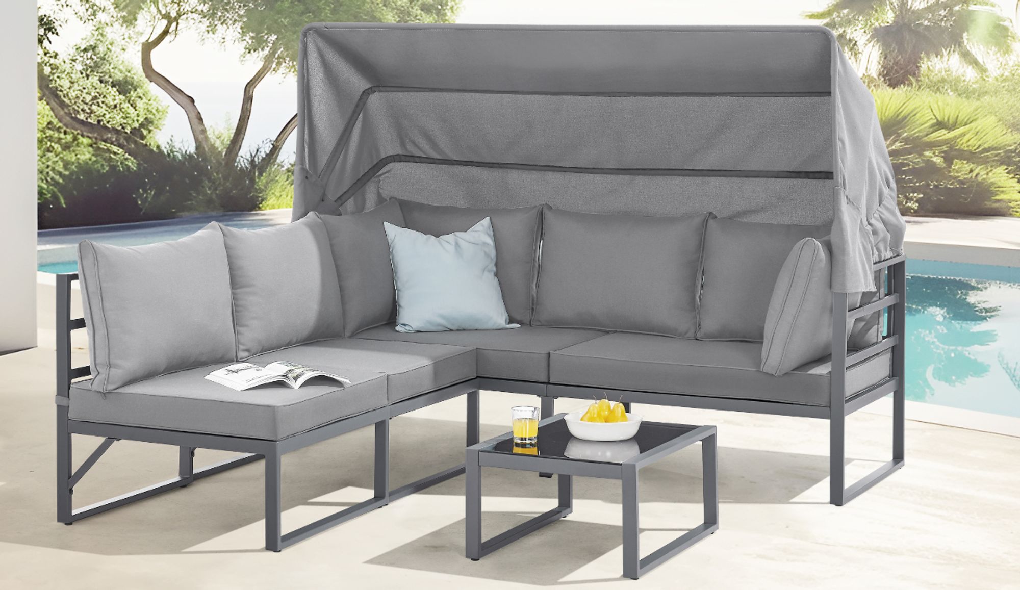 SVITA MAUI Gartenmöbel-Lounge-Set mit Dach Outdoor-Sofa Strandkorb-Sonneninsel Stahl Hellgrau