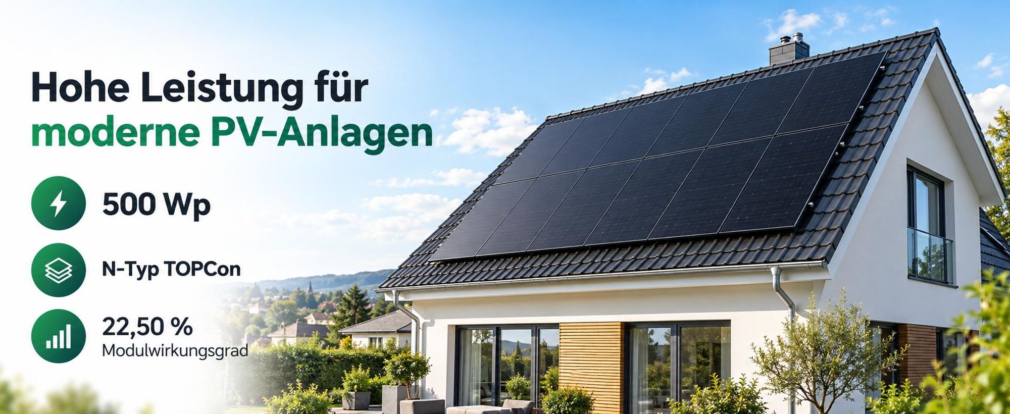 SUNPRO 500 Wp N-Typ-TOPCon-Solarmodule auf dem Dach eines modernen Wohnhauses