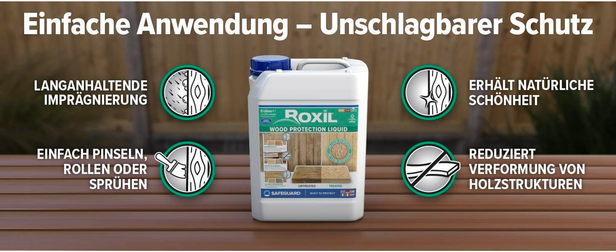 Roxil Holzlasur (2 x 5 L & Sprayer) - Bis zu 10 Jahre Witterungsschutz und Hydrophobierung für Weichholz und gealtetes Hartholz im Außenbereich