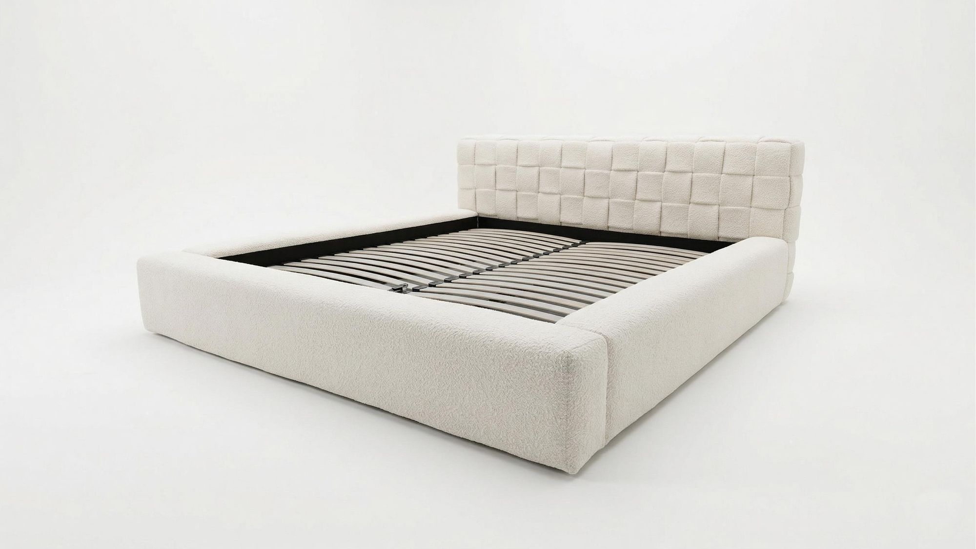Chilly Möbel Design Bett Cube - Geometrisches Polsterbett mit Stauraum, Lattenrost und stabilem Metallrahmen 180x200 cm / Bouclé / Beige