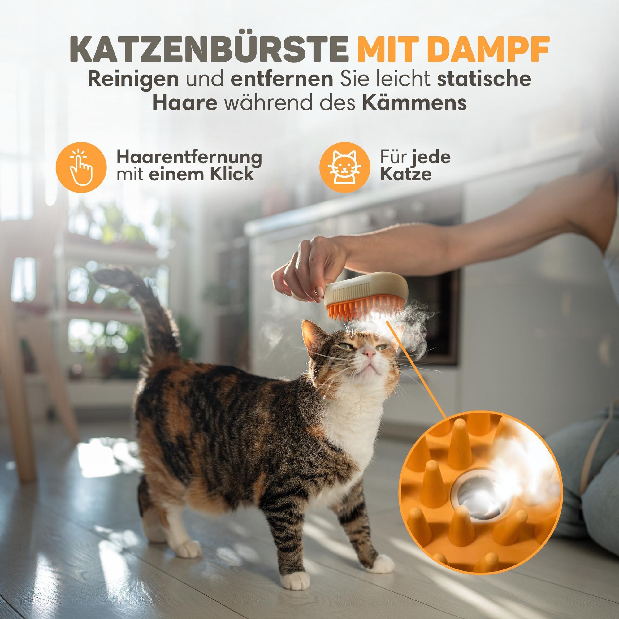 Vulpes Goods Katzen Dampfbürste, Selbstreinigende Katzen-Stoombürste, Haarentferner, Kurz- und Langhaarkatze Dampfgerät, Inkl. 2 extra Kämme