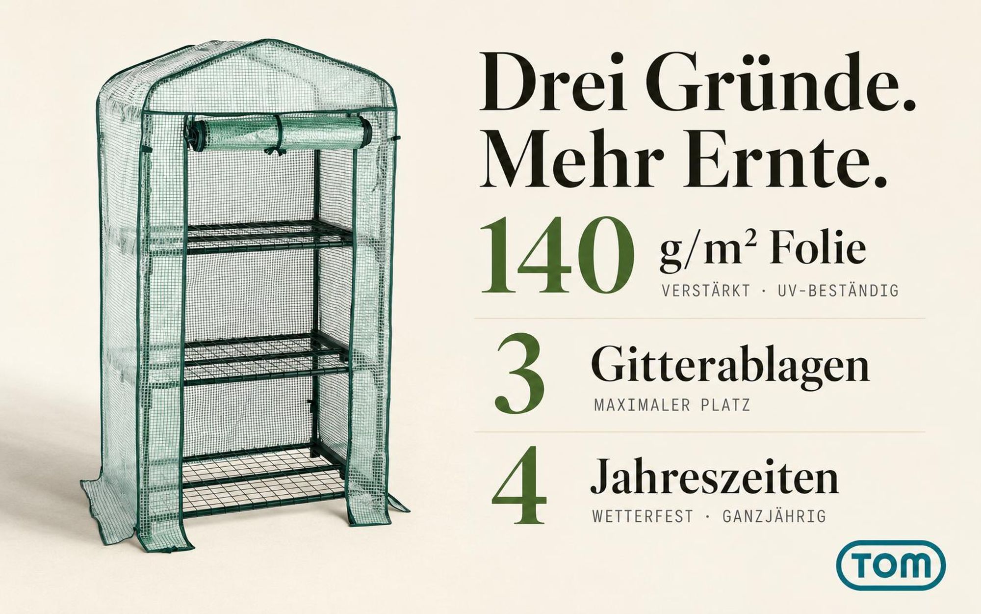 TOM Folien Gewächshaus | 0,3 m² | 140g/m² | Gitterschutzfolie | Wasserfest | UV-Beständig | integrierte Gitterablagen | Erdanker