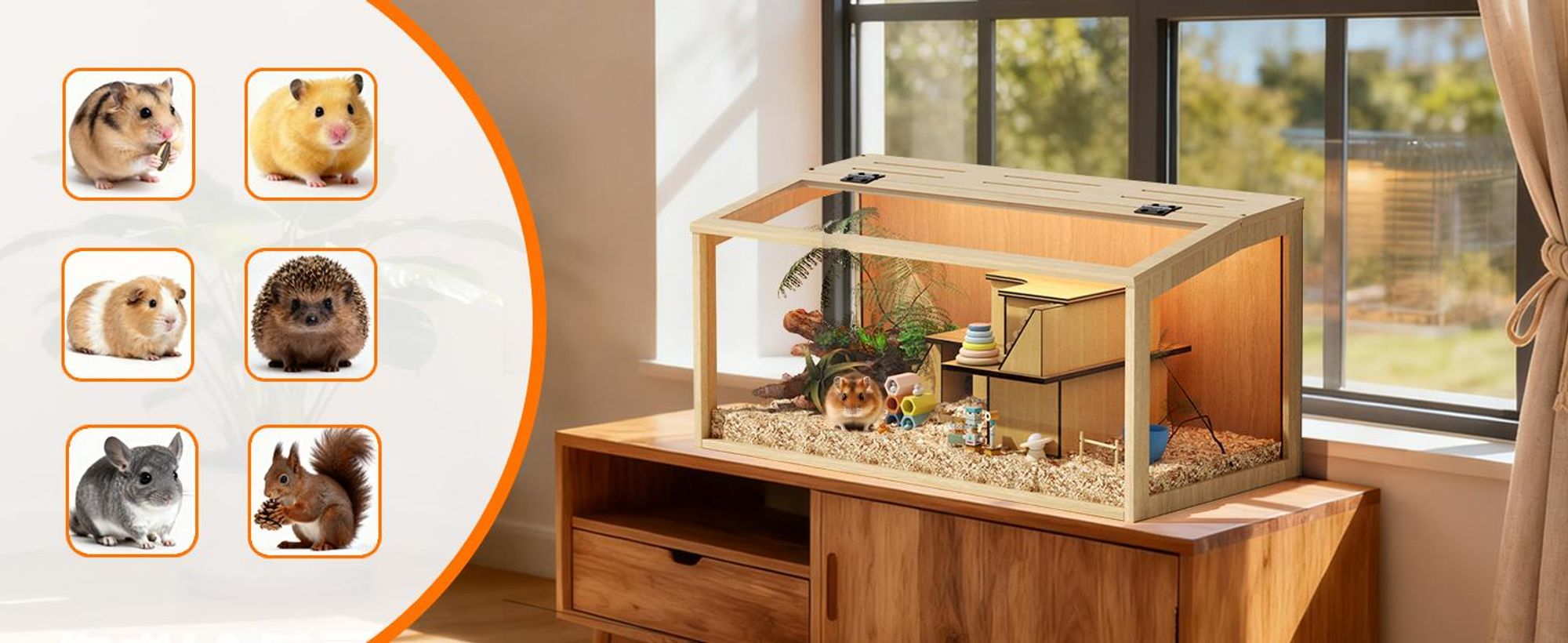 WISFOR Hamsterkäfig mit LED Leuchte, Kleintierhaus aus Holz, Mäusekäfig mit klappbarem Deckel, Sichtfenster, 60 x 40 x 40 cm