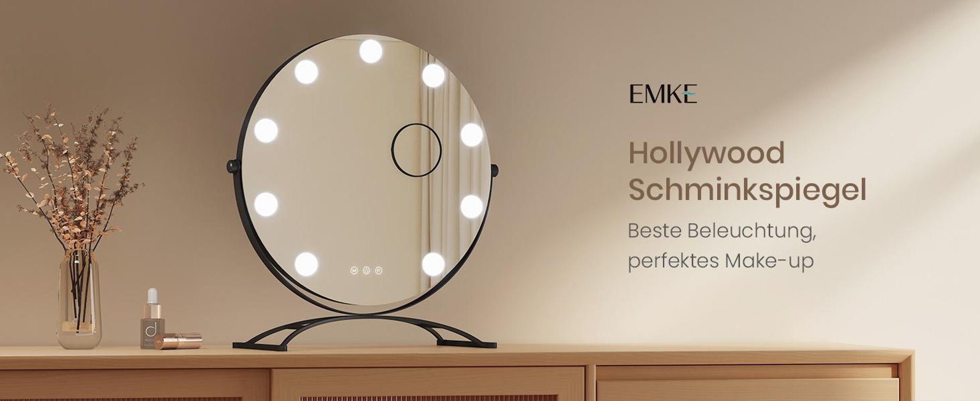 EMKE Kosmetikspiegel Hollywood 47X40cm Rund Schminkspiegel mit LED Beleuchtung und Vergrößerung 7x, 3 Lichtfarben Dimmbar, Schwarz
