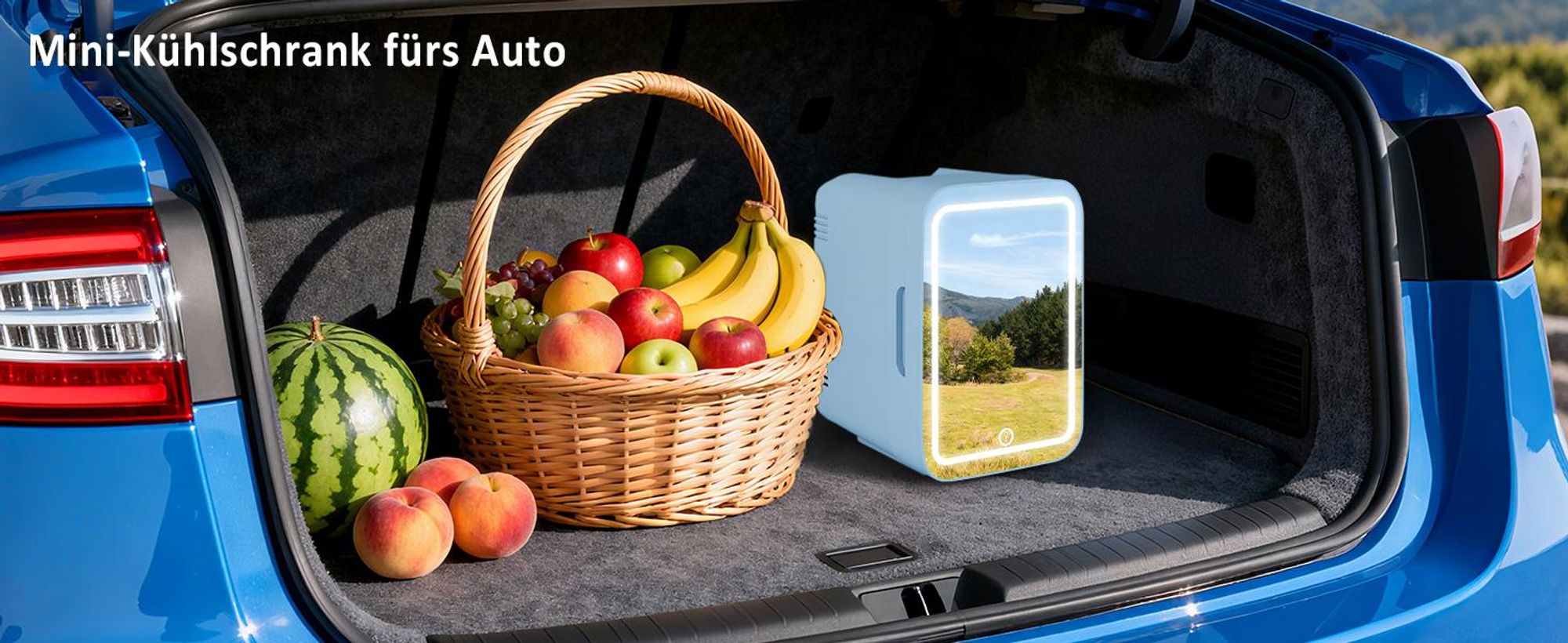 Puluomis Mini Kühlschrank 4L mit LED Spiegel tragbar für Kosmetik, Kühlbox Warmbox blau
