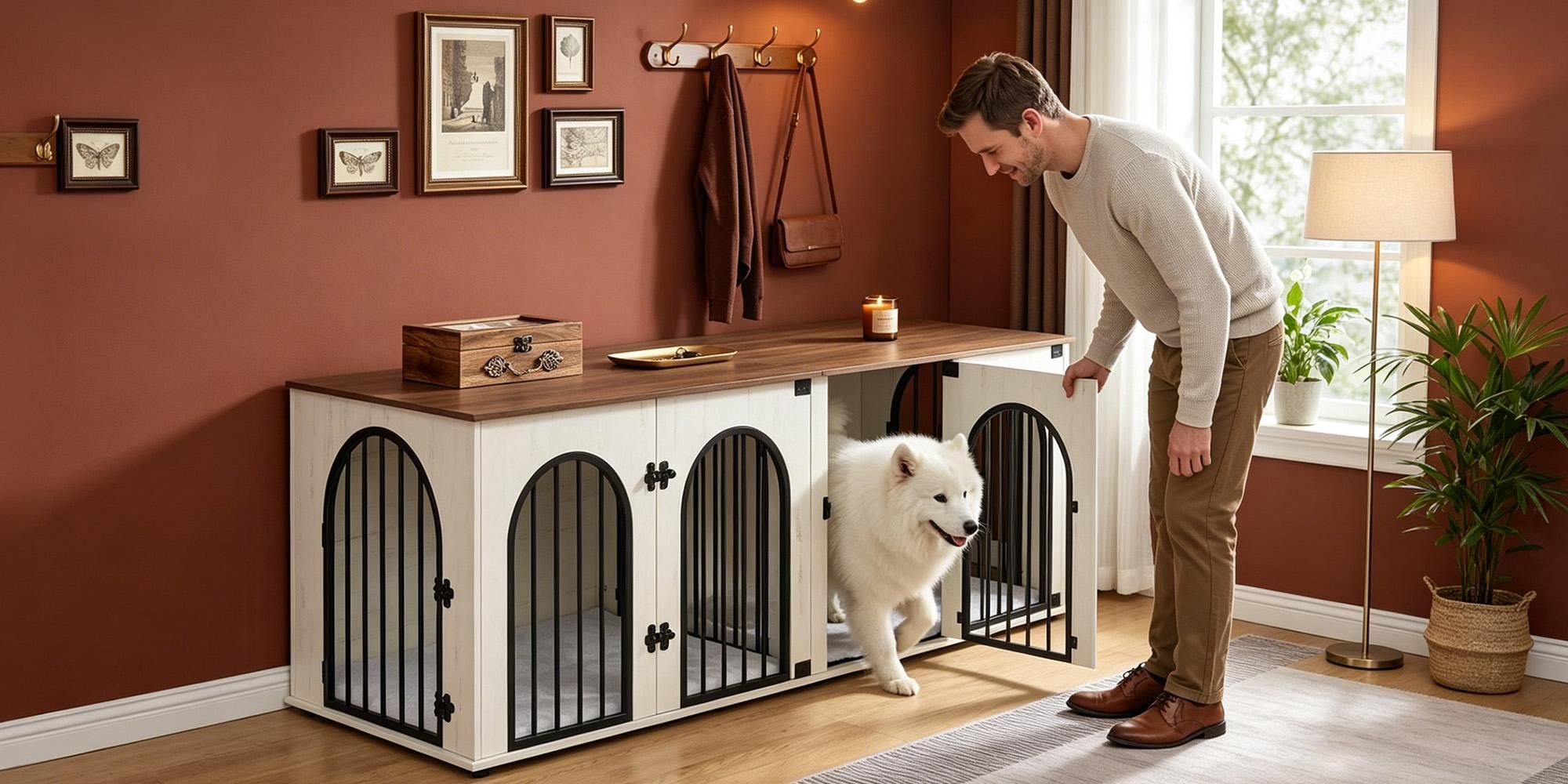 180 cm Hundekäfig Möbel für 2 Hunde, Hundebox Kissen, Weiß Braun | Doppel-Hundebox aus Holz mit Trennwand, Hundekäfig-Beistelltisch