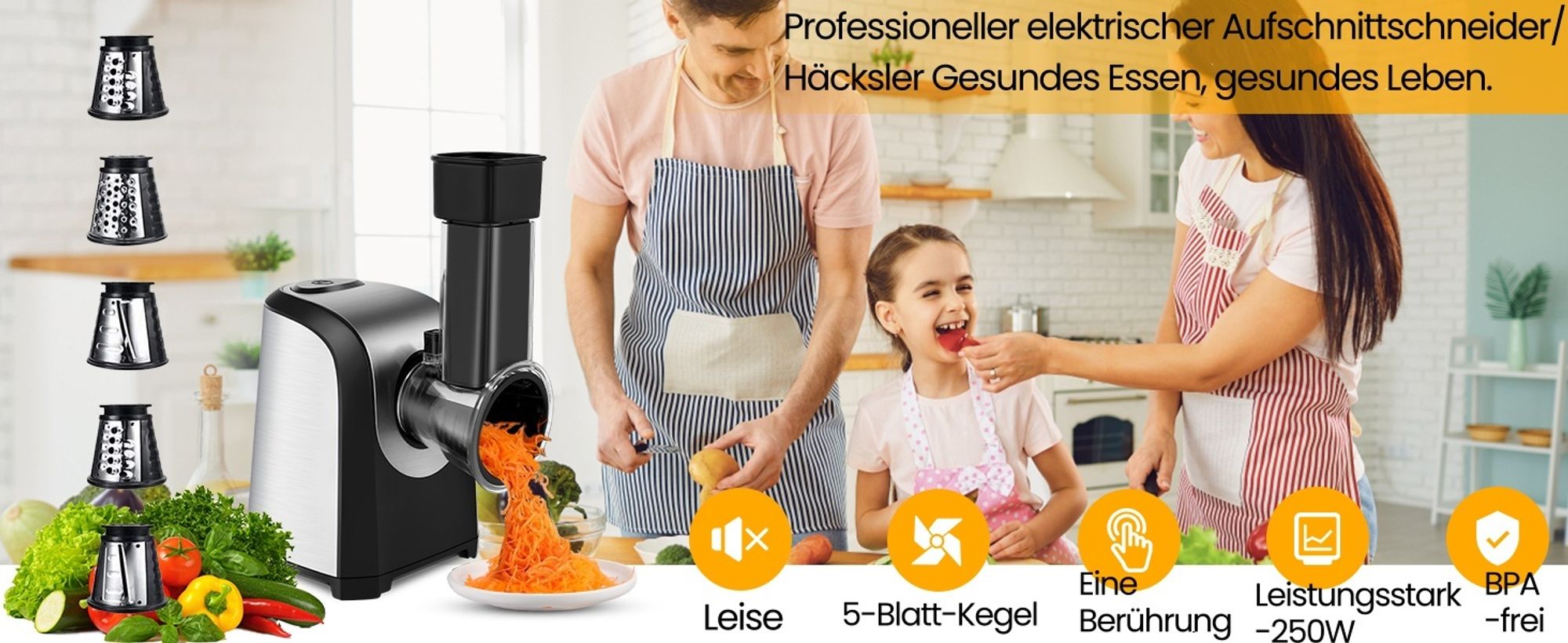 5 in 1 Elektrischer Gemüseschneider, Automatisch Gemüsehobel mit 5 Kegel-Klingen, 150W Edelstahl Spiralschneider Zerkleinerer Salatschneider Schleifer