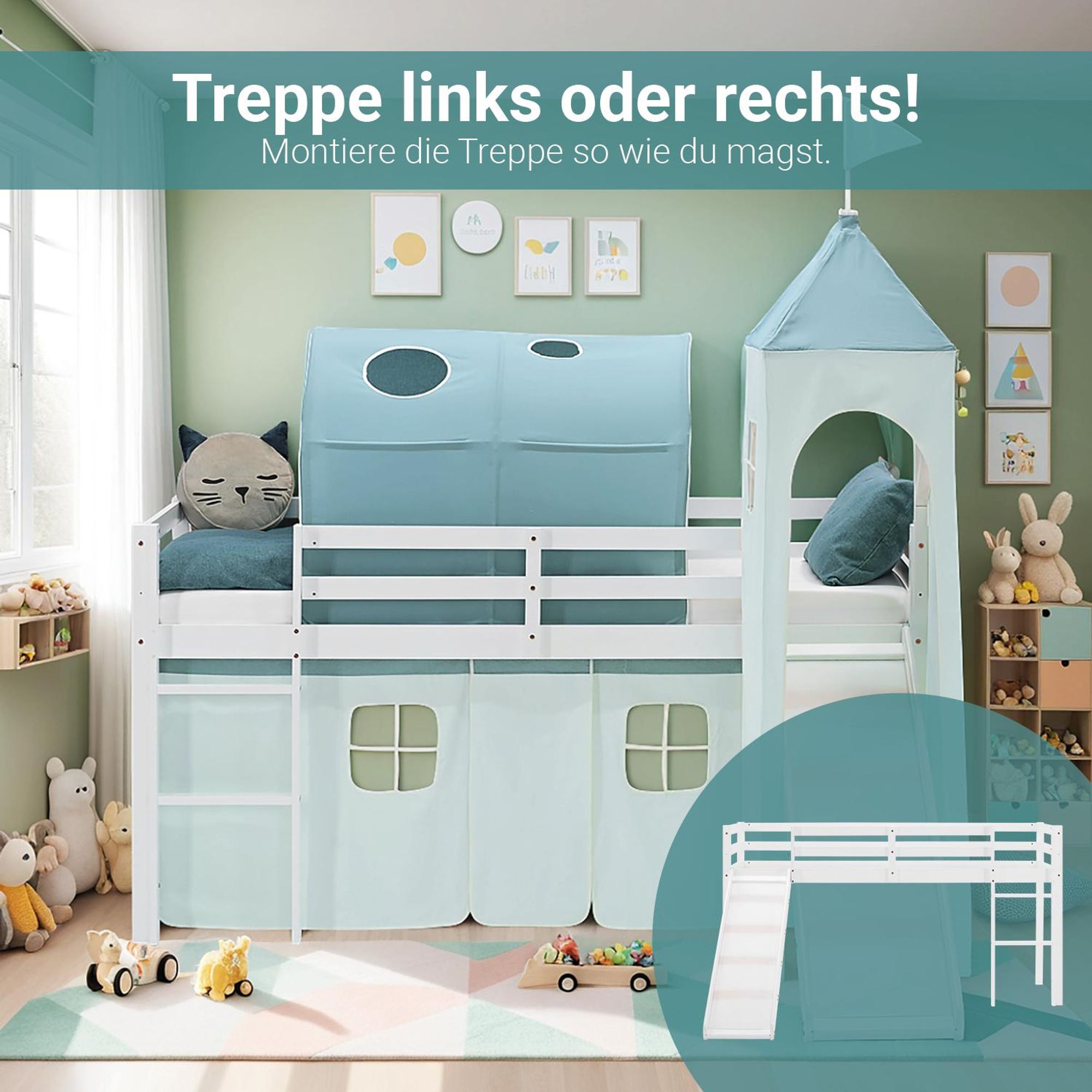 Die Rutsche vom Bett ist links oder rechts montierbar.