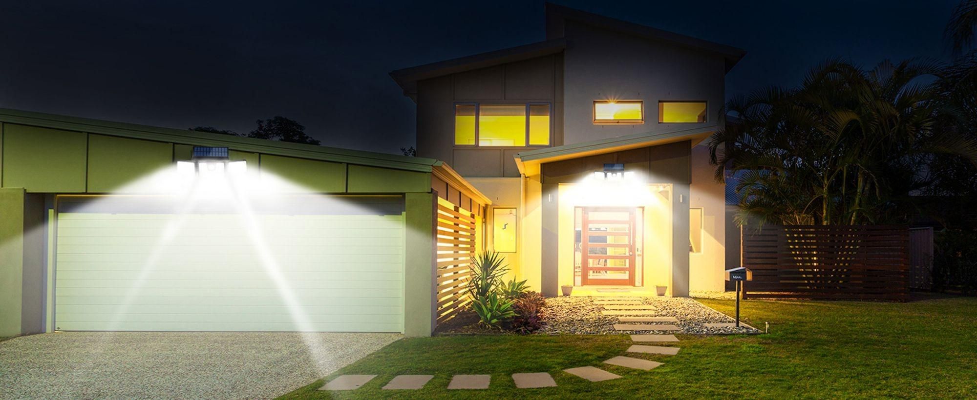 Solarleuchten Außen mit Bewegungsmelder, 74 LED Solar Strahler Außen, 360° Drehbar, 3 Modi Wandleuchte, 2400mAh Solar Außenleuchte, LED Solarlampen