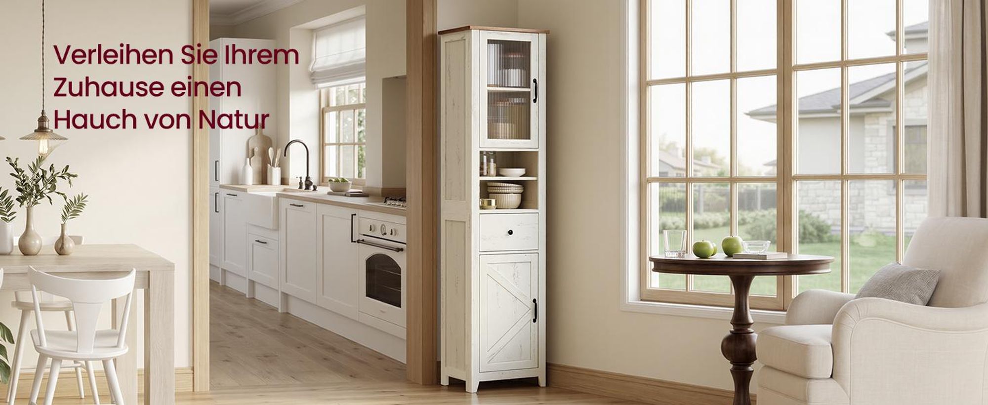 VASAGLE Badezimmerschrank im Landhausstil, Badschrank schmal, Badmöbel, weiß-braun