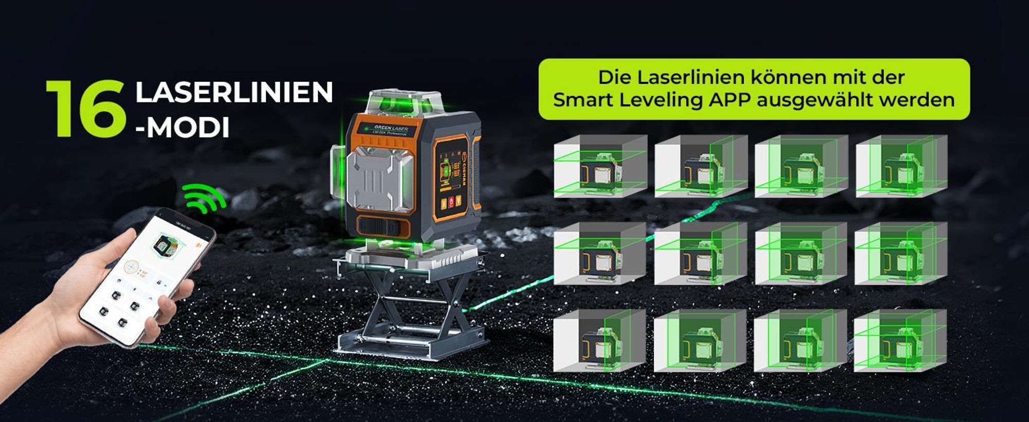 CIGMAN CM-S04 Kreuzlinienlaser 4x360° Grün mit App & LCD-Display