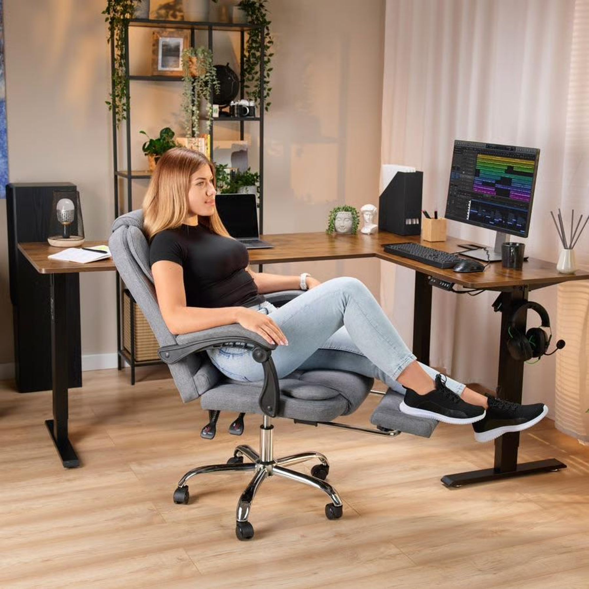 di volio kancelářská židle Baldo, ergonomická, tmavě šedá, 150 kg, výškově nastavitelný sedák, podnožka, integrovaná opěrka hlavy, PVC, PP, ocel, PU, tkanina, DV-088OC