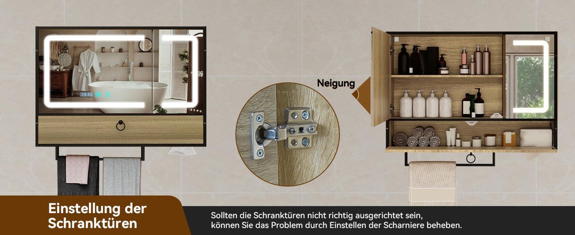 Puluomis Spiegelschrank Bad 80cm mit 3 färbiger dimmbarer Beleuchtung, Digitaler Uhr, Handtuchhalter, Antibeschlag Badezimmerschrank Wandschrank natur