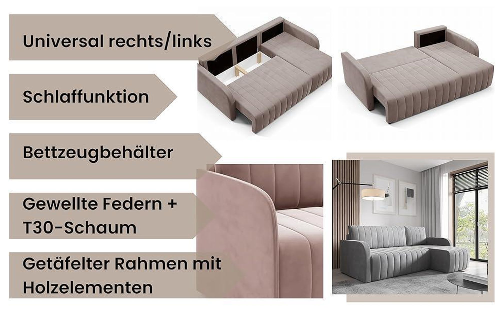 LIKMA Schmutziges Rosa Ecksofa Otto 224x145 cm mit Schlaffunktion (200x140 cm) Eckcouch mit Bettkasten Wohnlandschaft mit Bettkasten Bettsofa mit Stauraum Polstermöbel Sofa 3 Sitzer