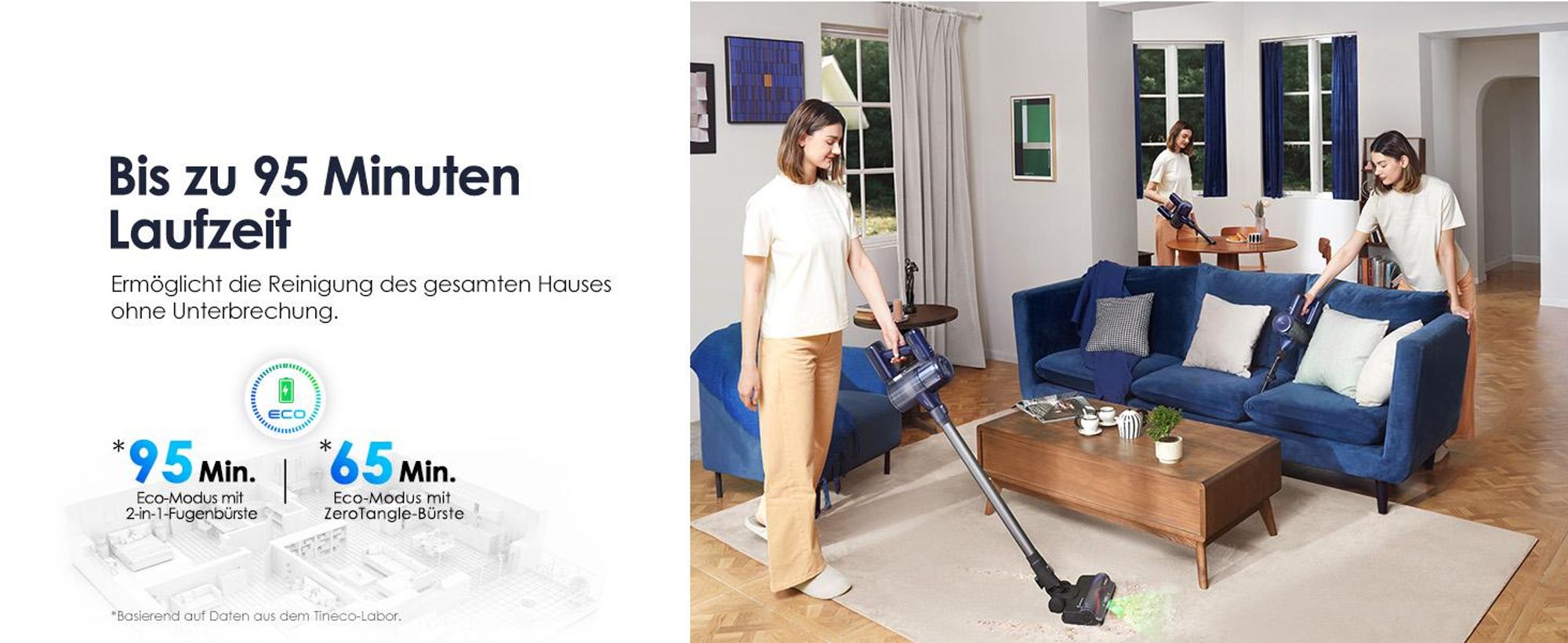 Tineco PURE ONE S50 Kabelloser Akku Staubsauger, 150AW Saugleistung, bis zu 95 Min. ZeroTangle-Bürste, LED, Entfernt Mühelos Großschmutz & Tierhaare