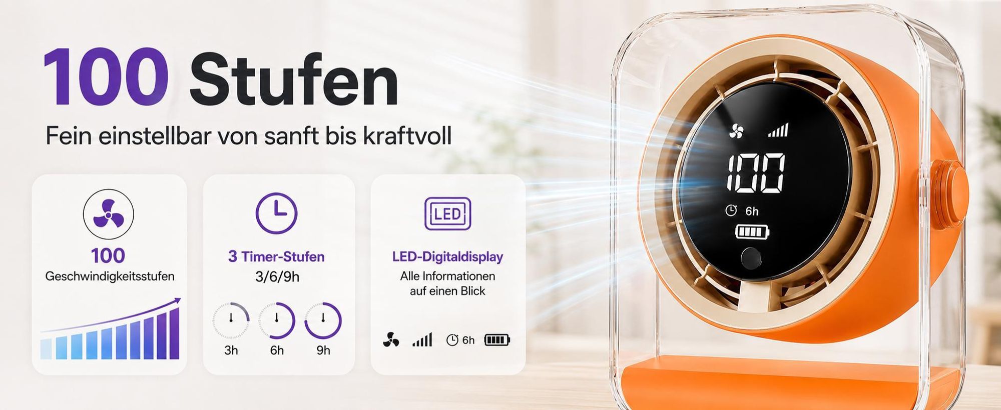 Tischventilator, Ventilator leise, 720° einstellbar, 3 Timer-Stufen (3/6/9h), 100 Geschwindigkeiten, Ventilatoren USB, LED display, Überall einsetzbar