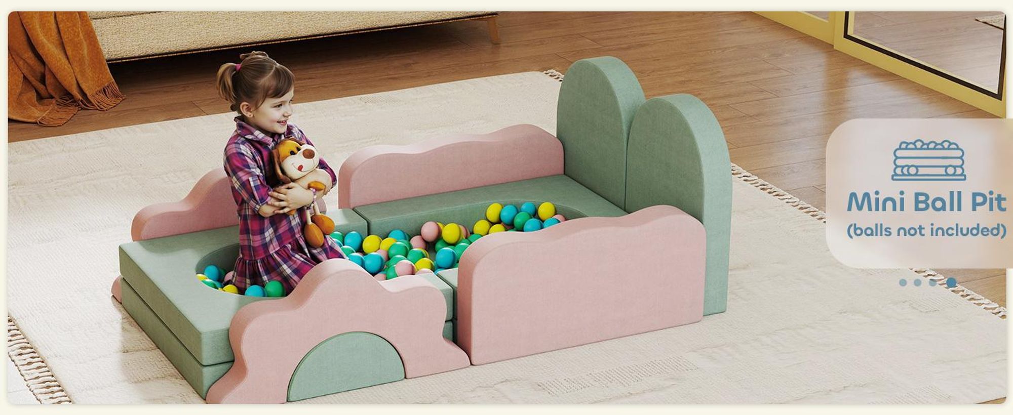 Sofa do zabawy AIYAPLAY, sofa dziecięca wykonana z piankowych klocków konstrukcyjnych 12 elementów, miękkie klocki do wspinaczki z basenem z piłeczkami, zestaw klocków, duże klocki, piankowe klocki do wspinaczki dla dzieci w kolorze sztruksu, zielone