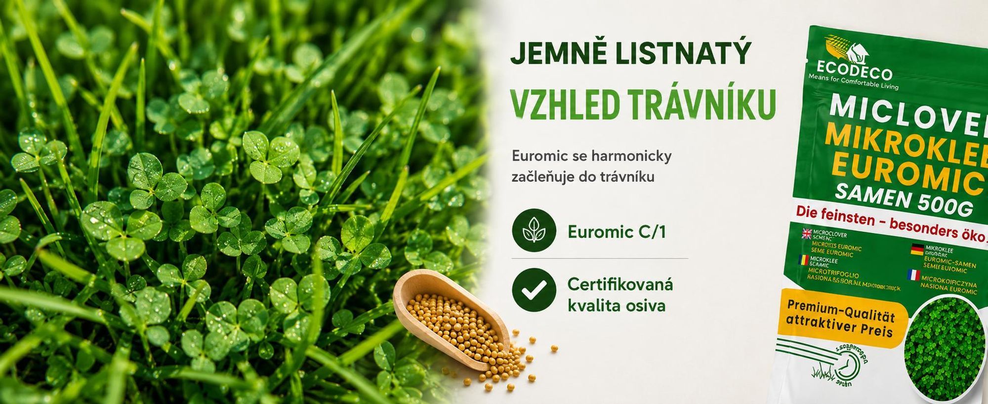 EcoDeco mikrý jetel Abbergreen, drobnolistná mikrokonvičina pro zahuštění a posílení trávníku, 500 g