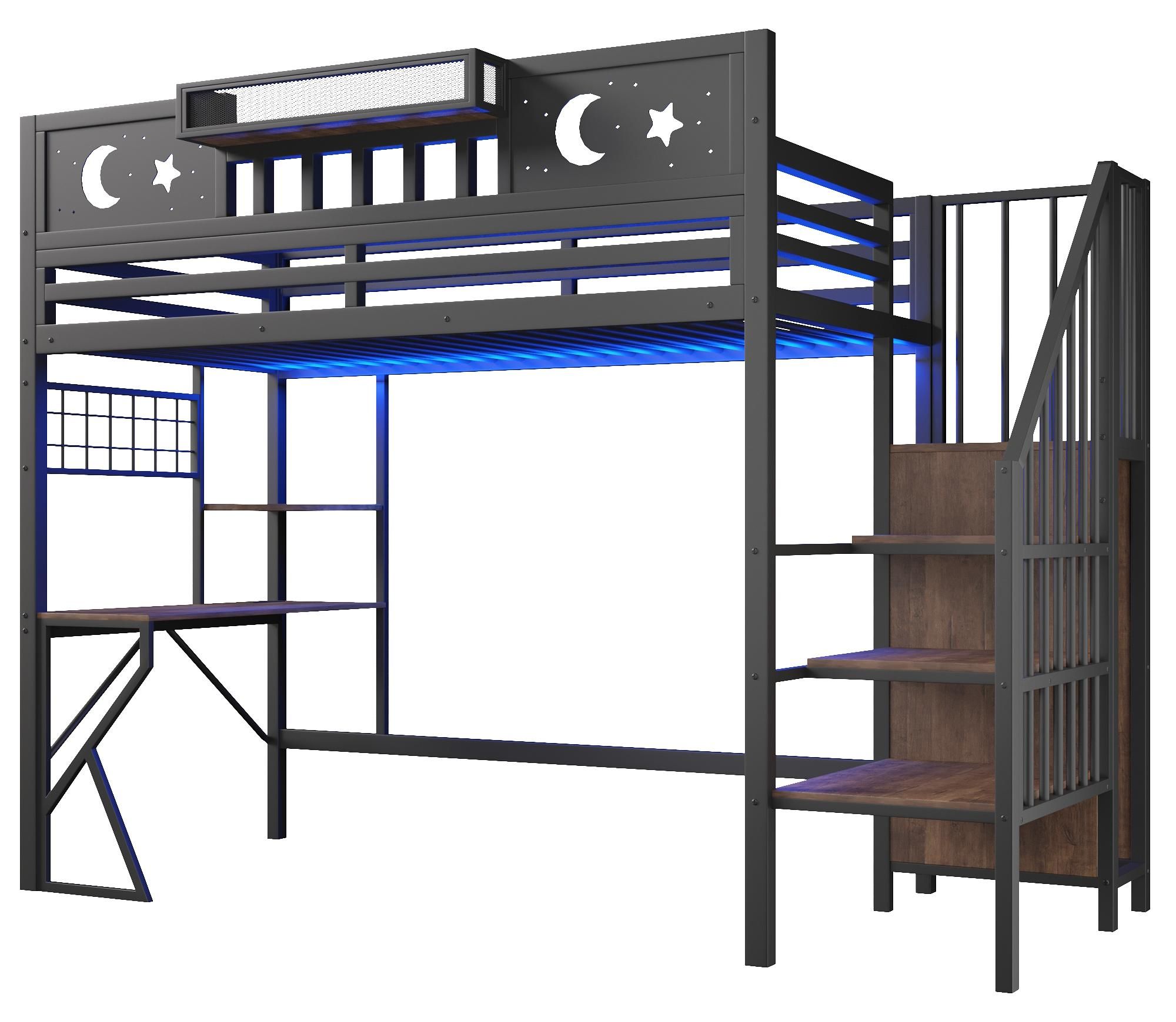 Flieks Etagenbett 90x200cm mit USB, Hochbett mit Led, Kinderbett Jugendbett mit Schreibtisch und Lochwand, Stockbett Metallbett mit Treppe, Schwarz