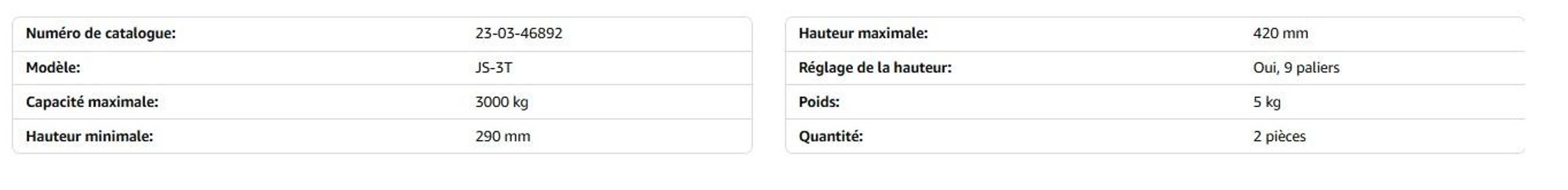 2 supports de levage de 3 tonnes pour voitures particulières et véhicules utilitaires légers – Réglables en hauteur, construction en acier robuste