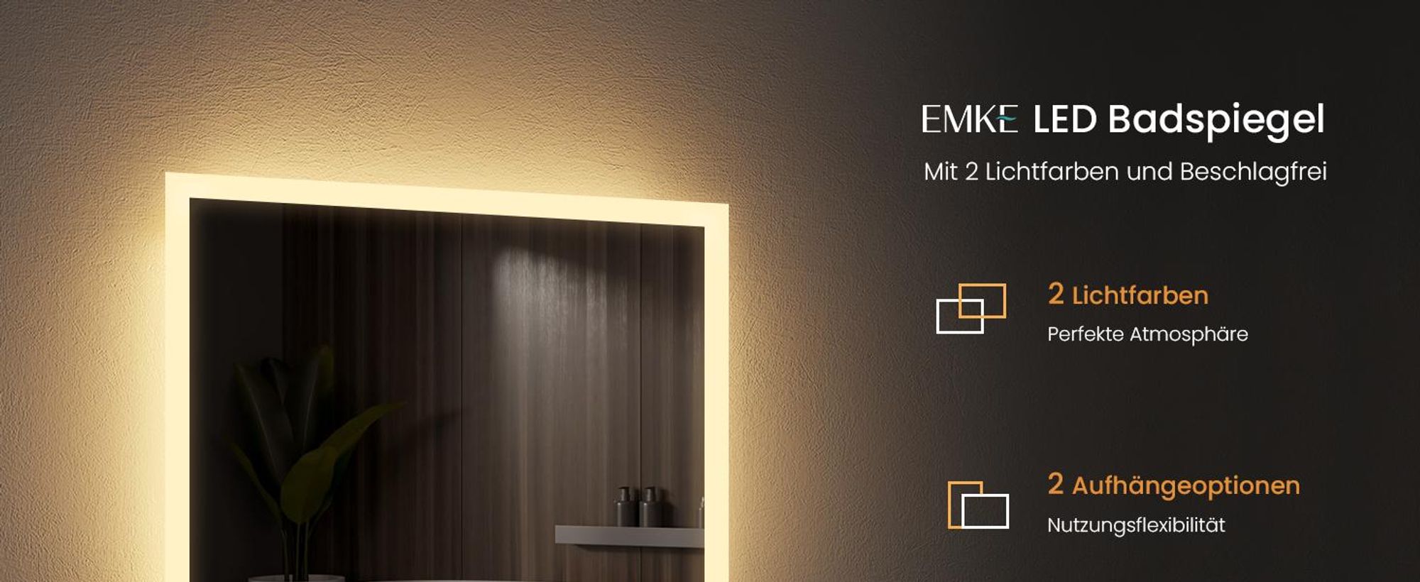 EMKE LED Badspiegel 50x70cm mit Beleuchtung & Antibeschlag, Wandspiegel mit Mechanischem Schalter Badezimmerspiegel 3000K/6500K Lichtfarben