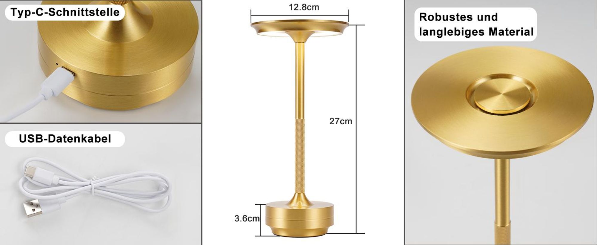 ZMH Nachttischlampe Kabellos Tischlampe Akku - LED Tischleuchte Touch Dimmbar Lampe 2er Set mit USB Aufladbar Batterie Tischlampen Gold für Modern Fensterbank Wohnzimmer Kinderzimmer Schlafzimmer