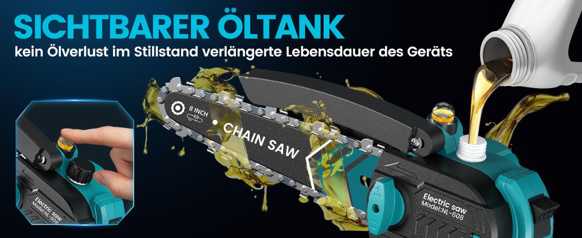 Akku-Kettensäge 6+8 Zoll Bürstenloser Mini Kettensäge mit 2x 4000 mAh Akku, 1200W Einhand HandKettensäge für Gartenscheren Holzschneidenz