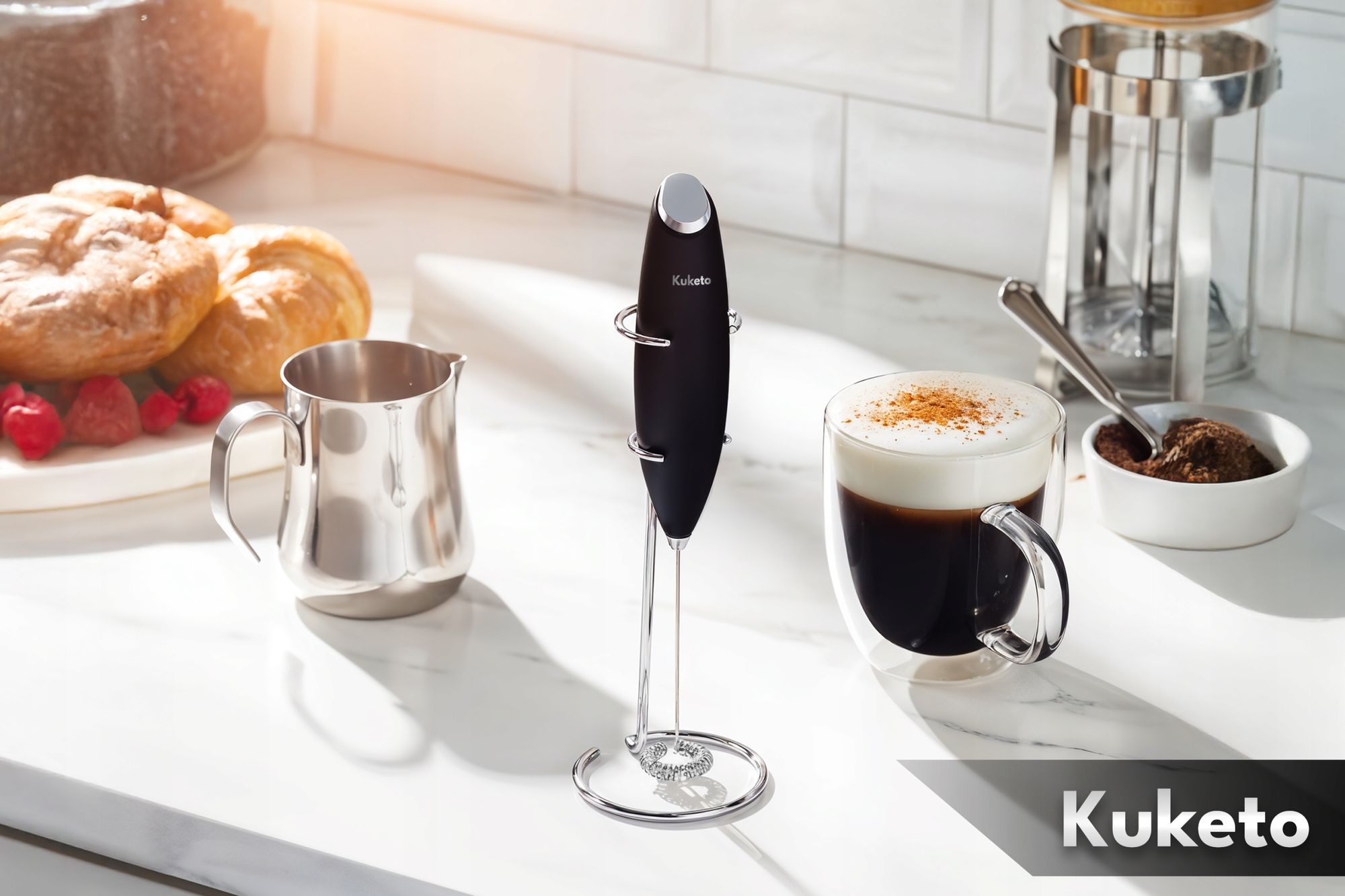 Kuketo | Elektrischer Milchaufschäumer Mit Ständer – Handmixer Für Kaffee, Cappuccino & Latte – Starker Motor, Stilvoll & Praktisch