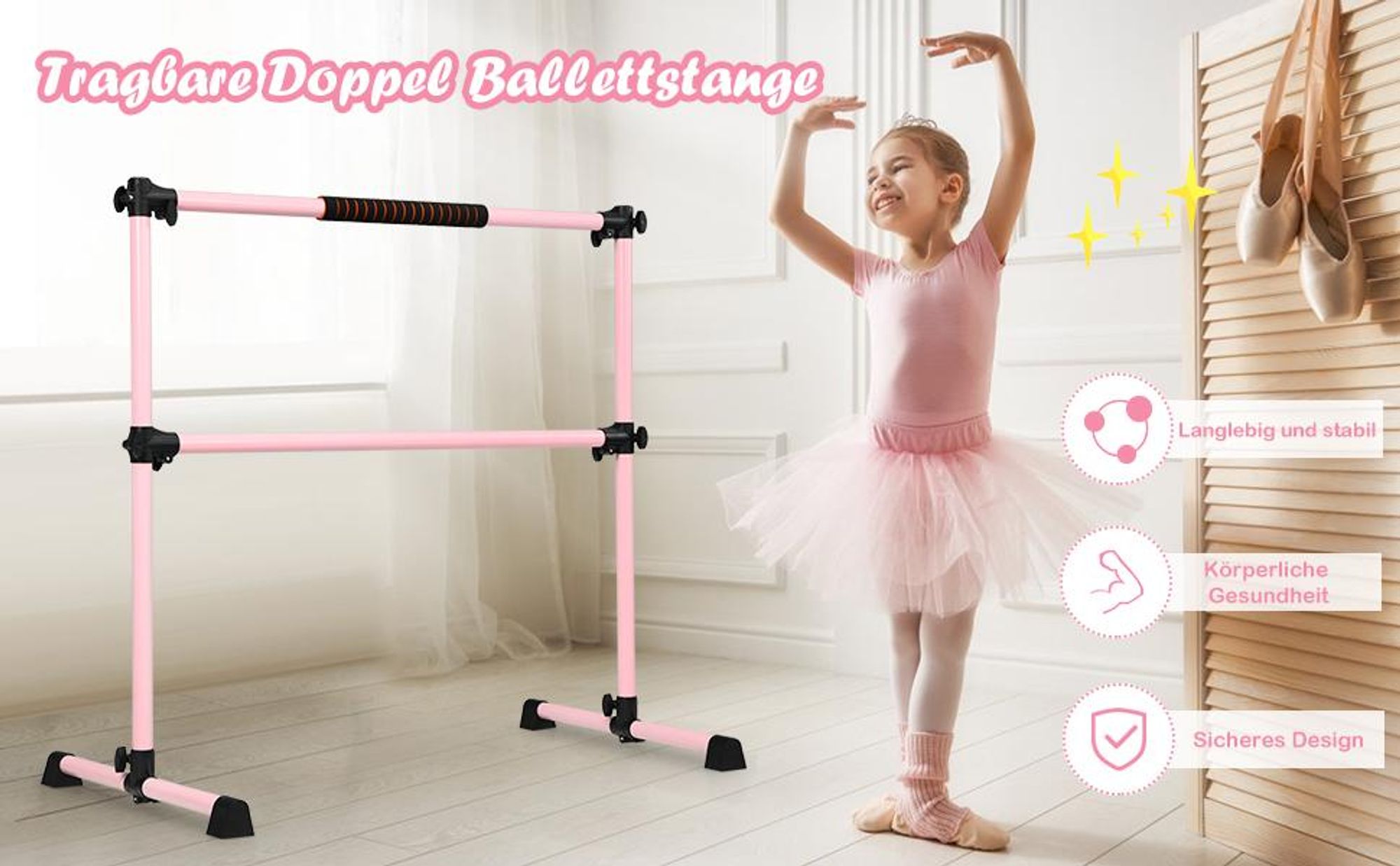 COSTWAY Ballettstange freistehend, Ballet Bar höhenverstellbar, Ballett Barre aus Eisen, Stretch Barre bis 50KG belastbar, ideal für Kinder und Erwachsene