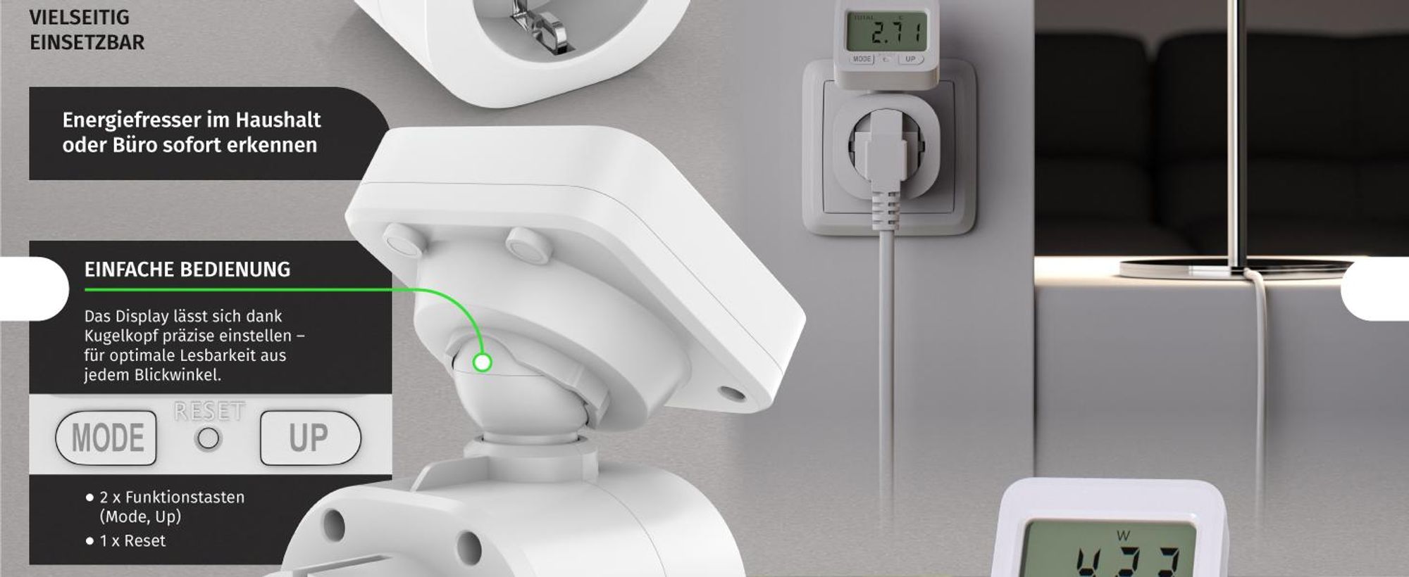 BEARWARE Energiekostenmessgerät, max. 3680 W, Strommesser, Stromverbrauchszähler, 1,8 " Display, 1-tlg., Stromkostenmessgerät, Steckdose Stromzähler, Schwenkbares Display