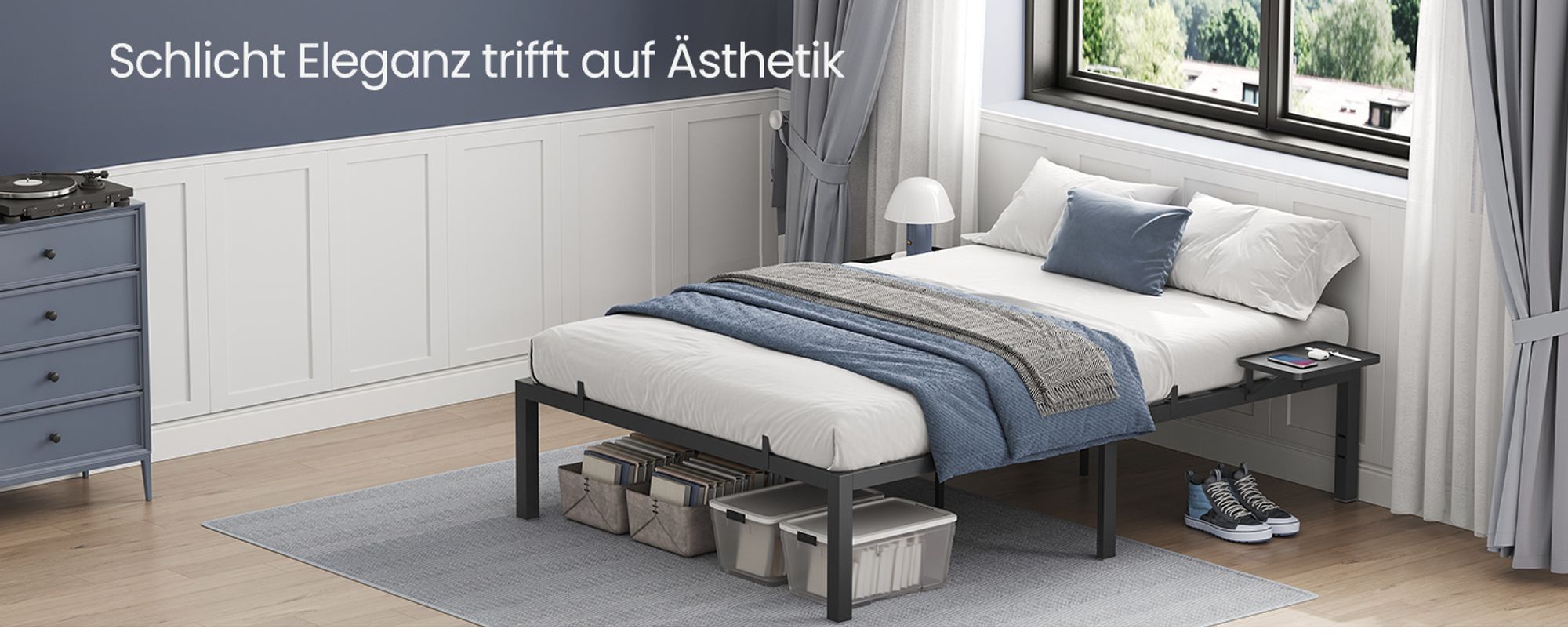 VASAGLE Doppelbettgestell, mit Aufbewahrungsregalen, 200 x 140 cm