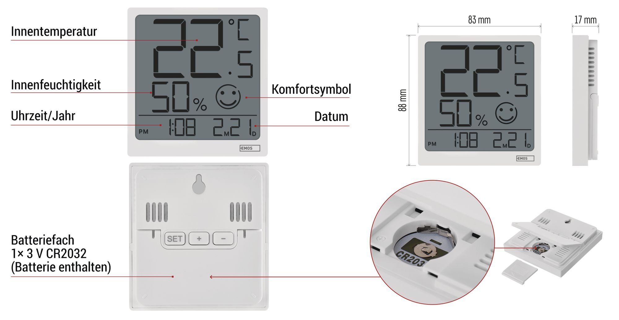 EMOS digitales Raumthermometer und Hygrometer mit Uhr-/ Datumanzeige zum Aufstellen/Aufhängen - LCD Display - für Innen - inkl. Batterie - weiß, E0522