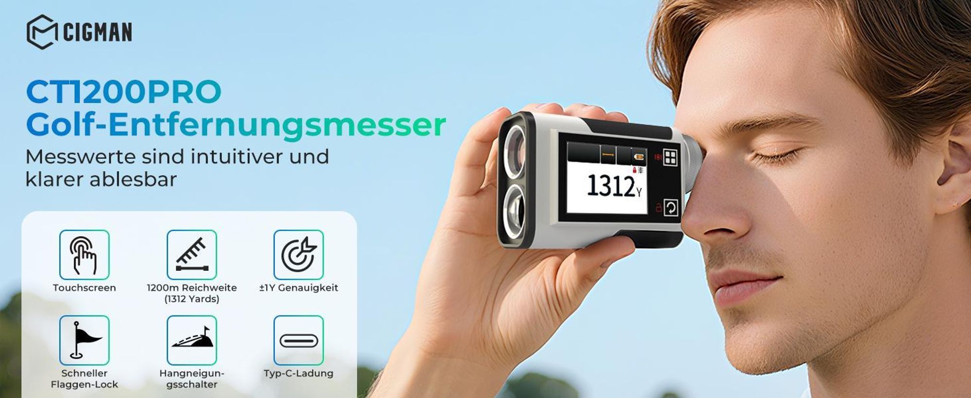 Telemetro da golf CIGMAN 1312Y, 1200 m, touchscreen, Slope, batteria ricaricabile USB-C