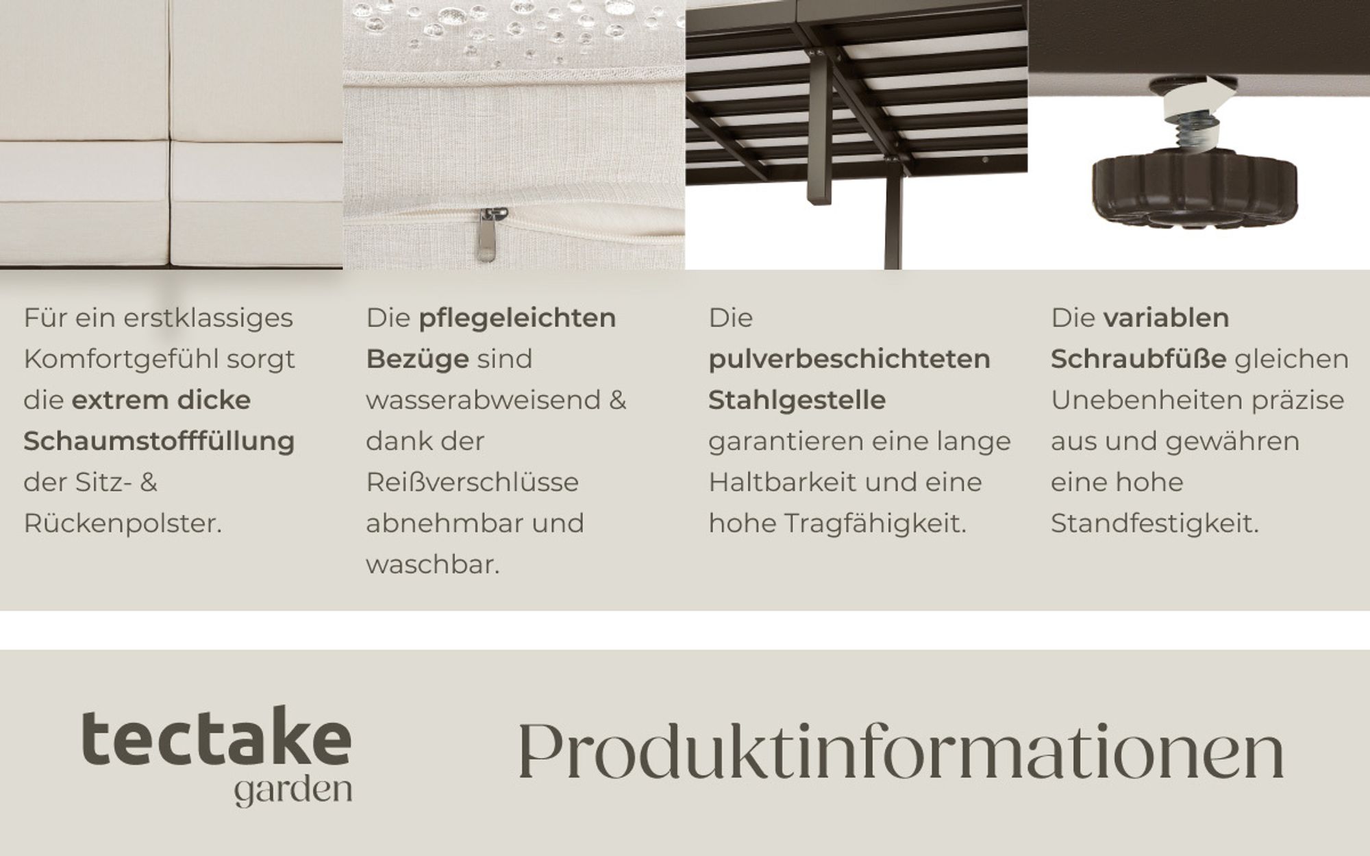 tectake® Garten-Loungesofa Comosa, 3-Sitzer, XXL-Polsterung