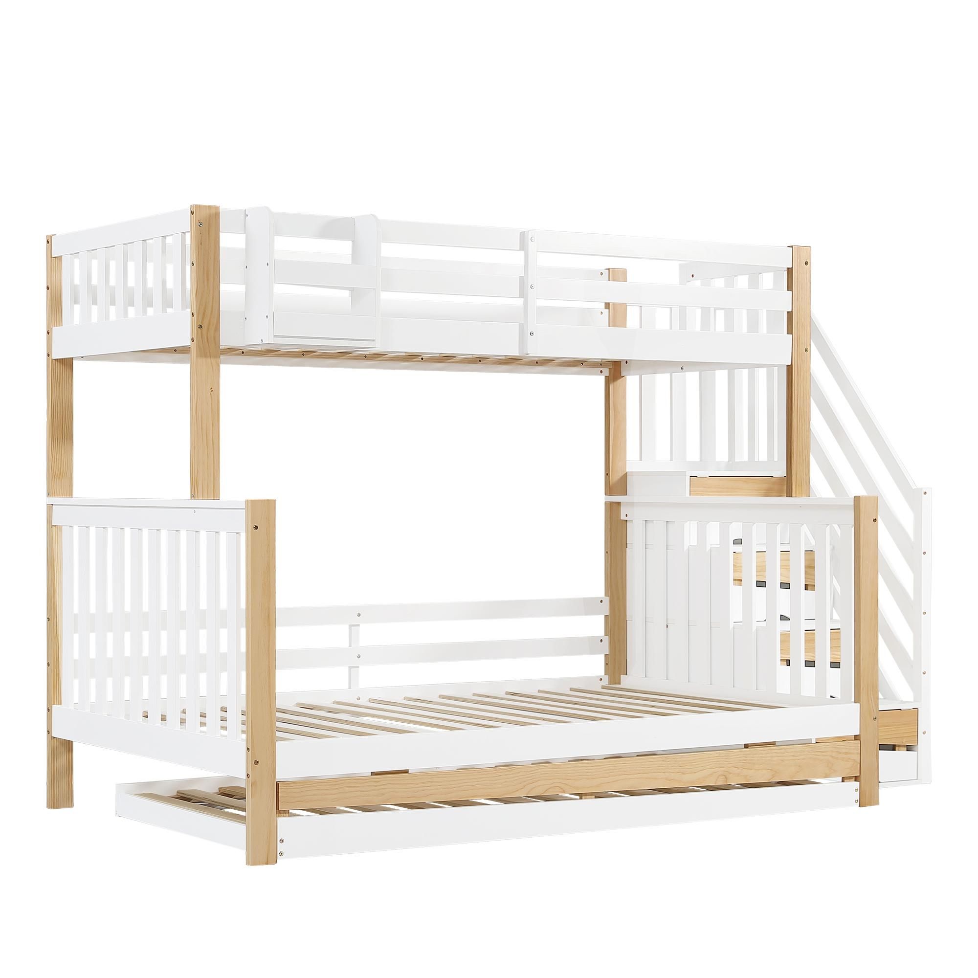Flieks Etagenbett 90x200/120x200cm mit Ausziehbett, Hochbett mit Treppe und Schubladen, Kinderbett mit Rausfallschutz und Lattenrost, Stockbett Weiß