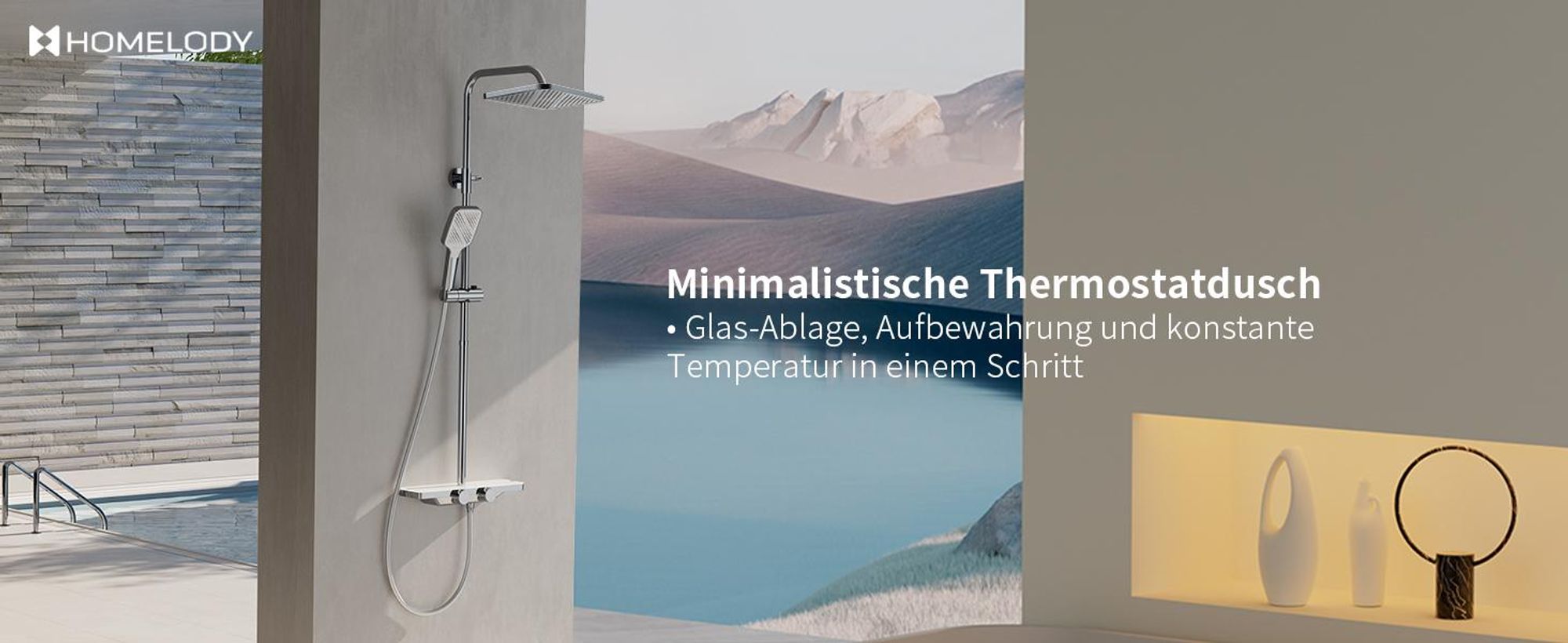Homelody Duschsystem Thermostat, Regendusche Set mit Glasablage & 12 Zoll kopfbrause, 3 Strahlarten handbrause, Edelstahl Höhenver Duschset, Chrom