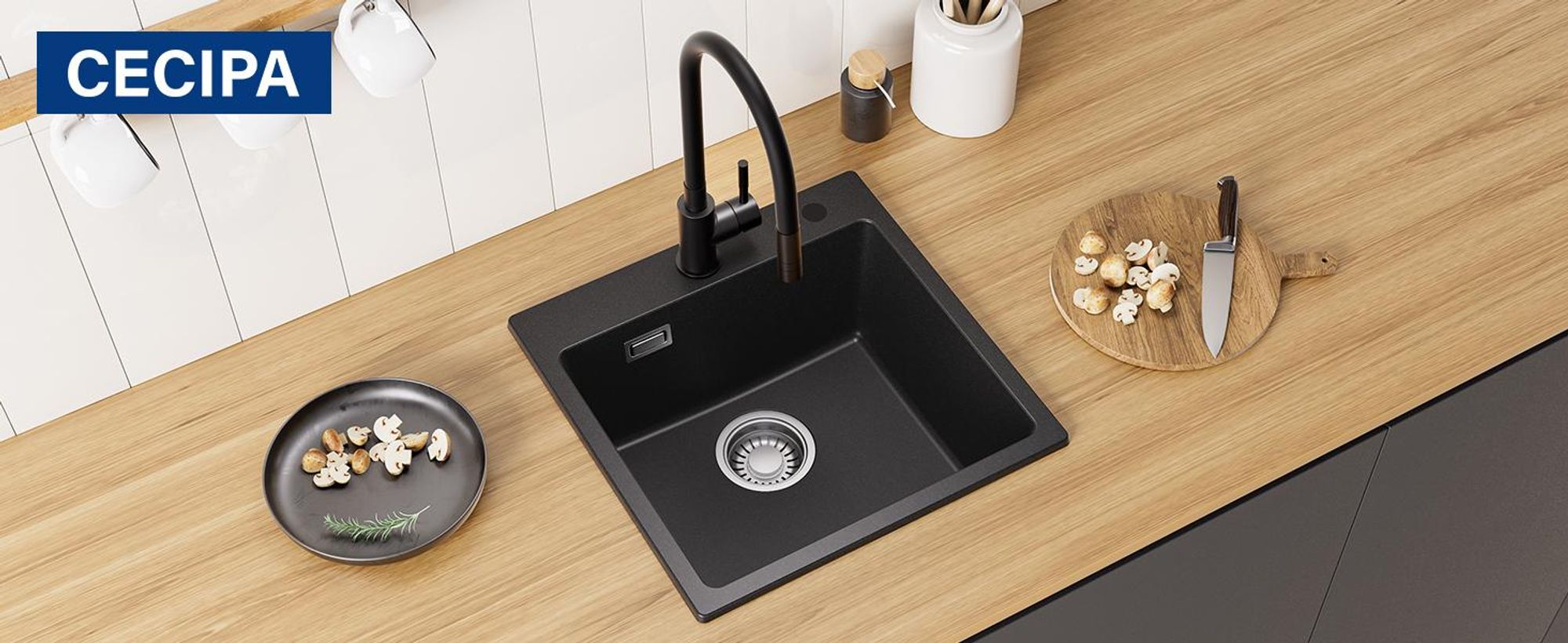 CECIPA MAX Spülbecken Granit 45x45 cm mit Küchenarmatur Schwarz, Kompakte Spüle für 45 cm Unterschrank, Flexibler Mischbatterie mit 2 Funktionen