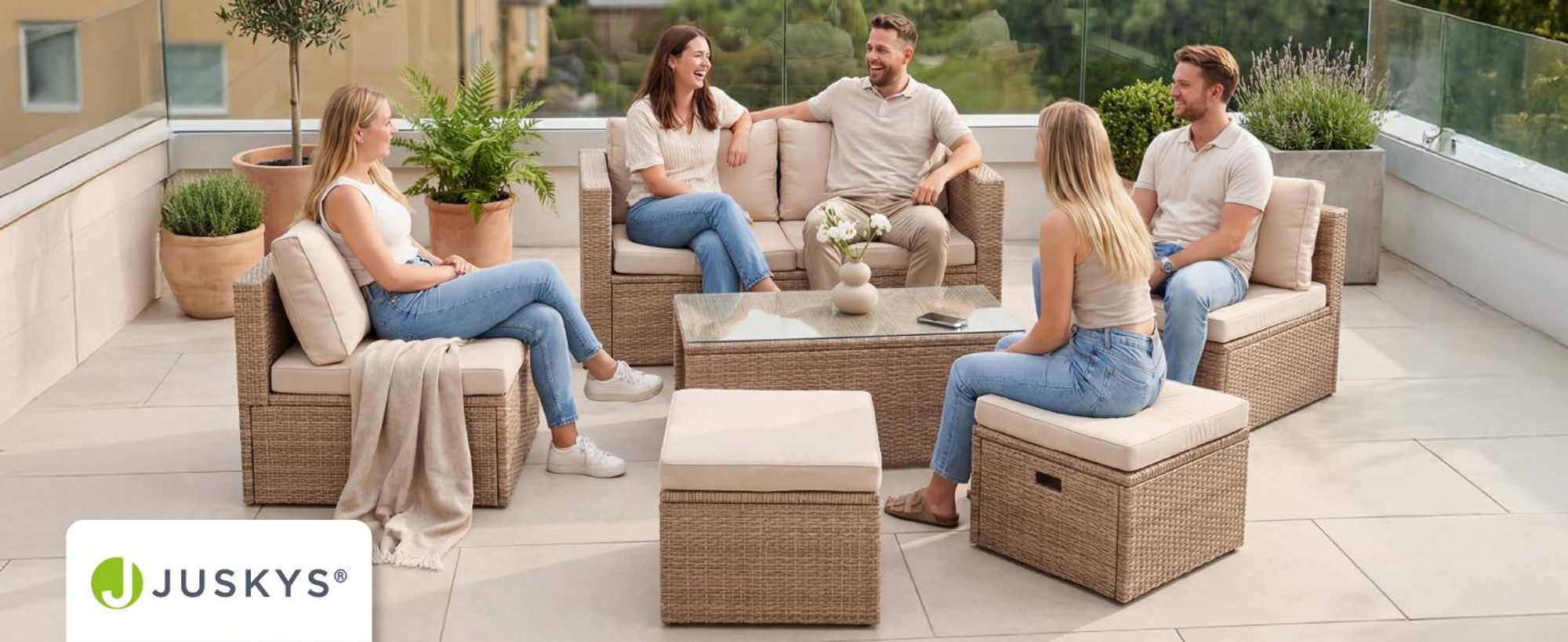 Juskys Polyrattan Gartenmöbel Set Salou - Lounge für 6 Personen, wetterfest - Creme