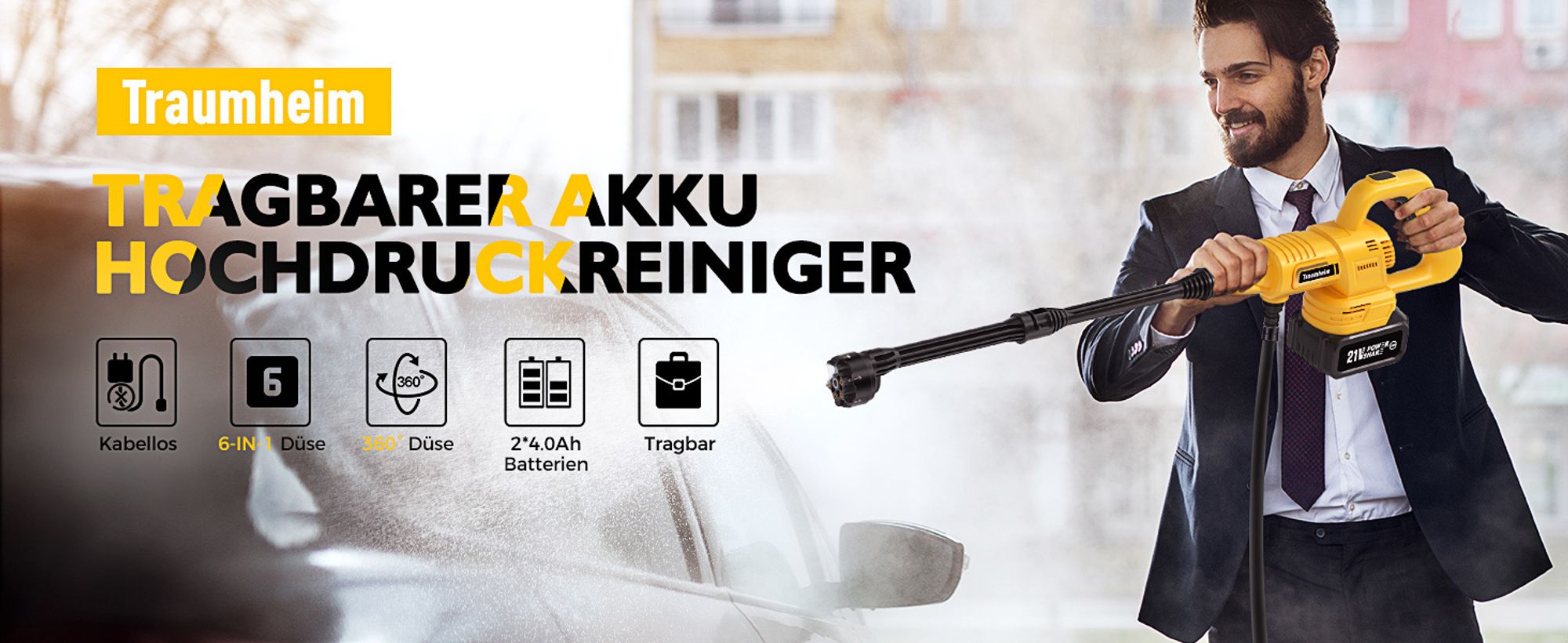 Akku Hochdruckreiniger mit 2 akkus, 400W Tragbarer Hochdruckreiniger mit Verlängerungsstange, Rotierende & 6-in-1 Düse, zur Autos, Gärten