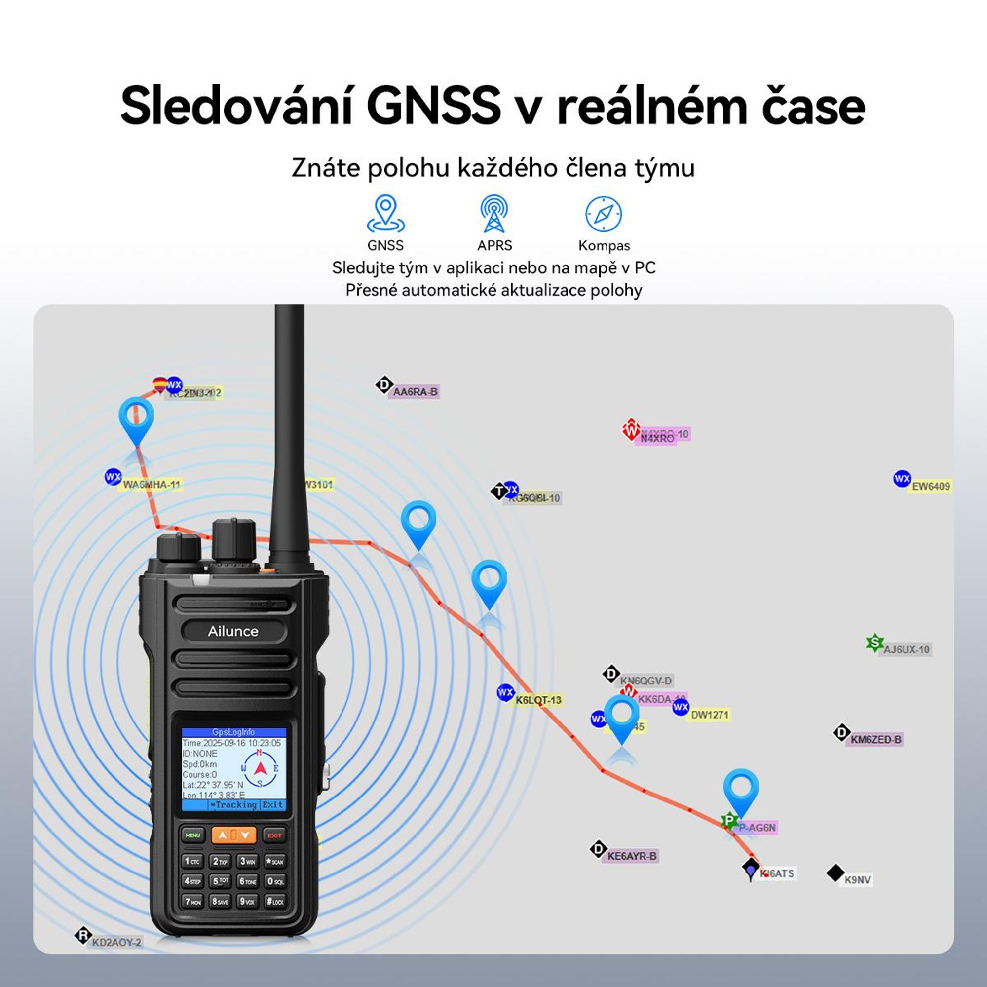 Retevis Ailunce HA2 Bluetooth rádio, radioamatérské, APP ovládání, APRS/GPS, rychlé nabíjení, IP67 vodotěsné, 2800mAh, SOS, pro radioamatéry