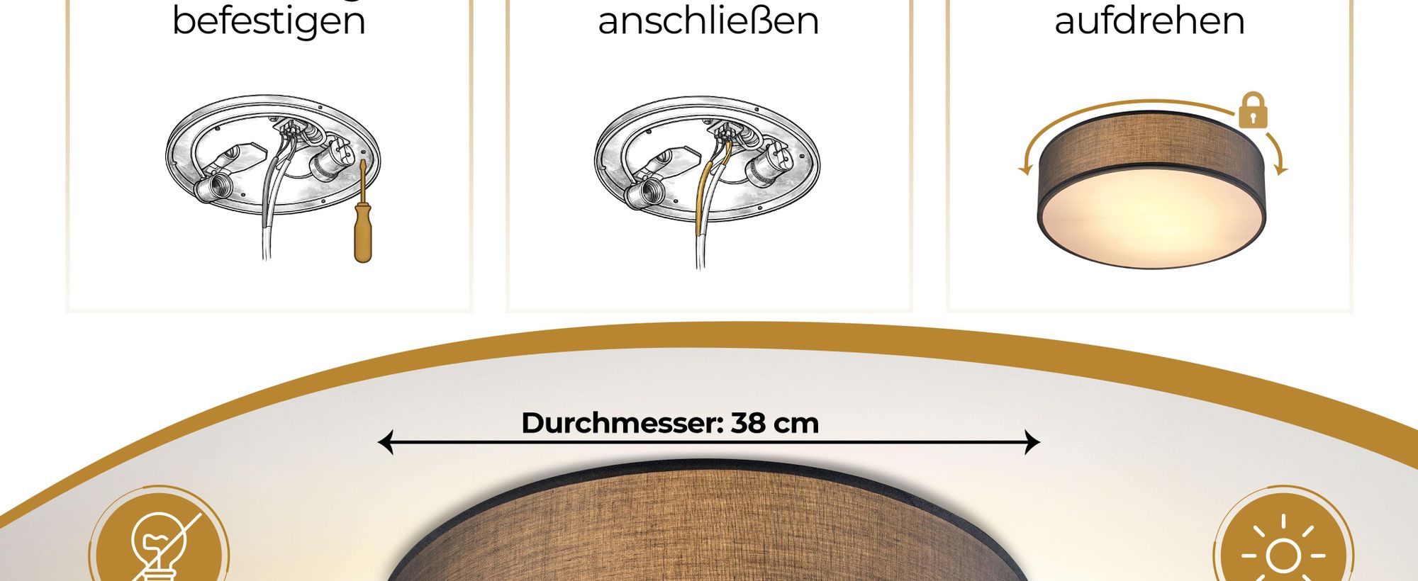 MONZANA® Deckenlampe Stoff Wohnzimmer Schlafzimmer E27 Grau 38cm Rund 2-Flammig 40W Lampe Flur Küche Deckenstrahler Deckenleuchte Stoffdeckenlampe