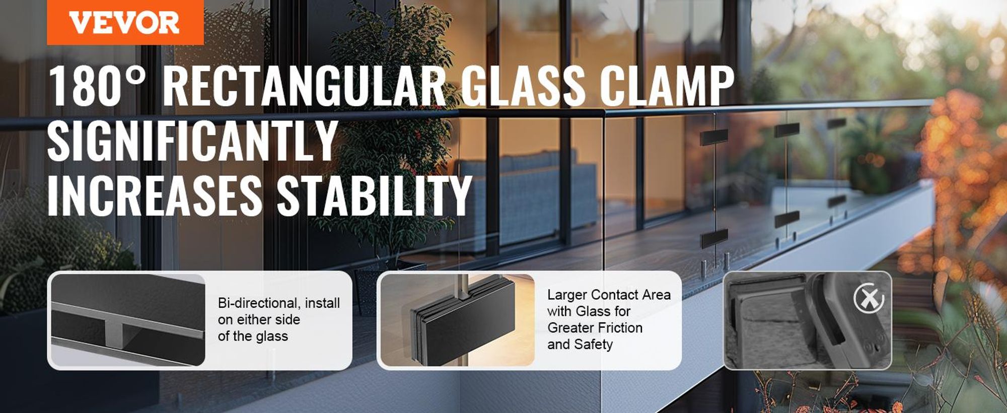 VEVOR Glaszange, 4 Stück Rechteckige Glasgeländerhalterung für 0,31 "-0,47 " Einscheibensicherheitsglas, 304 Edelstahl Glasmontagezange, 0,2" Dicke Glasregalhalterung für Balkon, Garten, Pool, Treppe, Schwarz, Rechteck