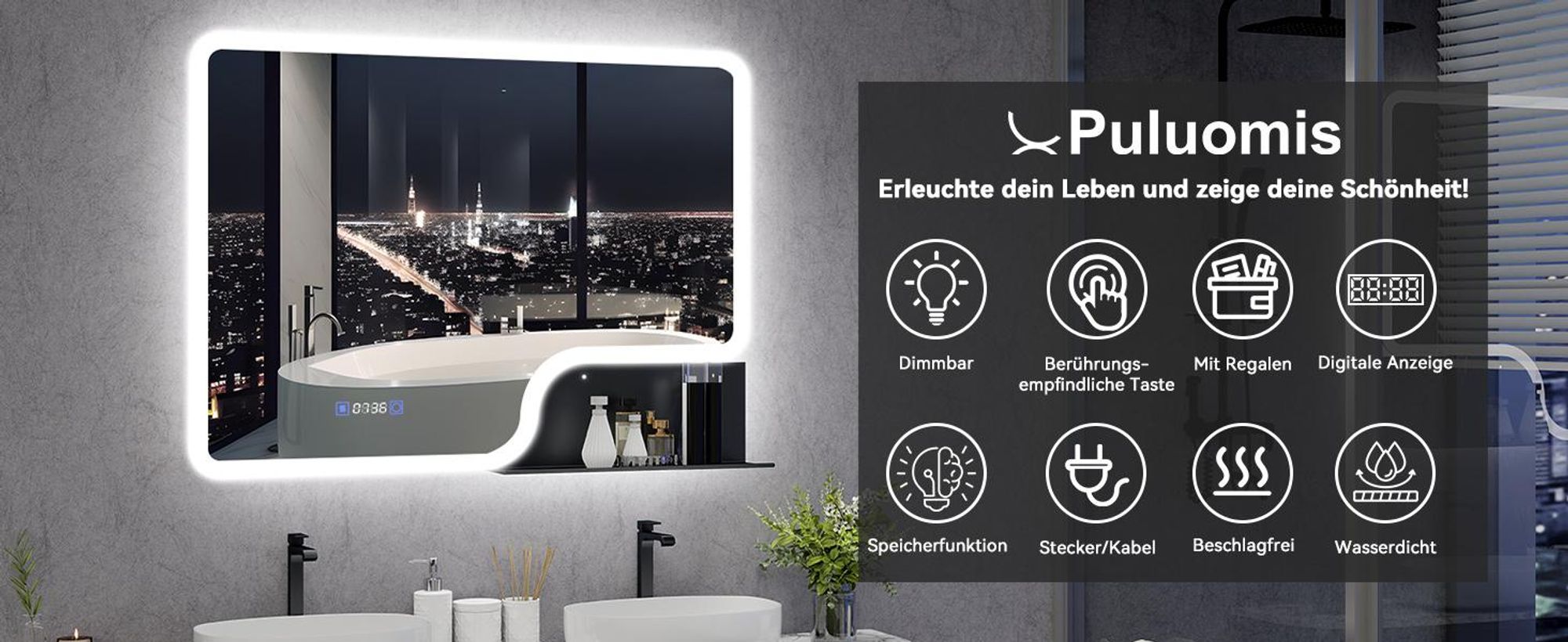 Puluomis Badspiegel mit Beleuchtung beschlagfrei 80x60, mit Uhr und Temperatur Badezimmerspiegel mit Regal LED 6500k dimmbar weiß schwarz