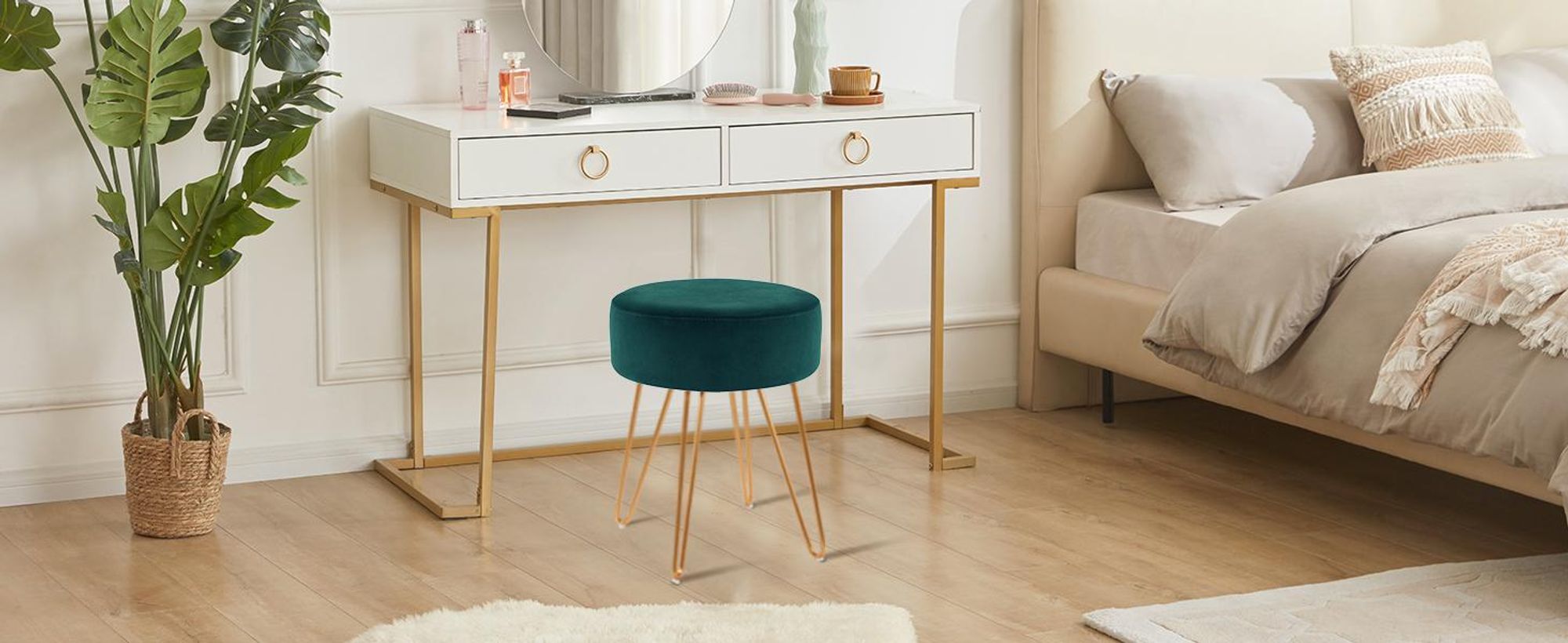 Duhome Sitzhocker Rund Polsterhocker aus Samt Hocker Schminktisch mit Metallbeine, Grün